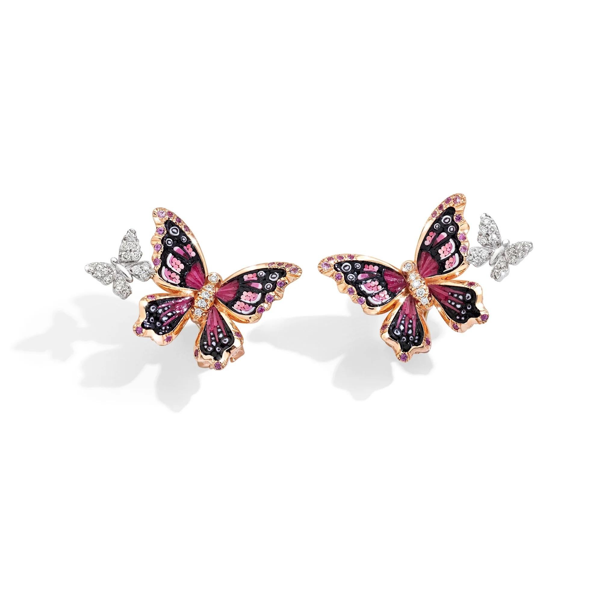 Rose Gold Butterfly Earings with White Diamonds, Pink Sapphires and Micromosaic Corte mixto en venta