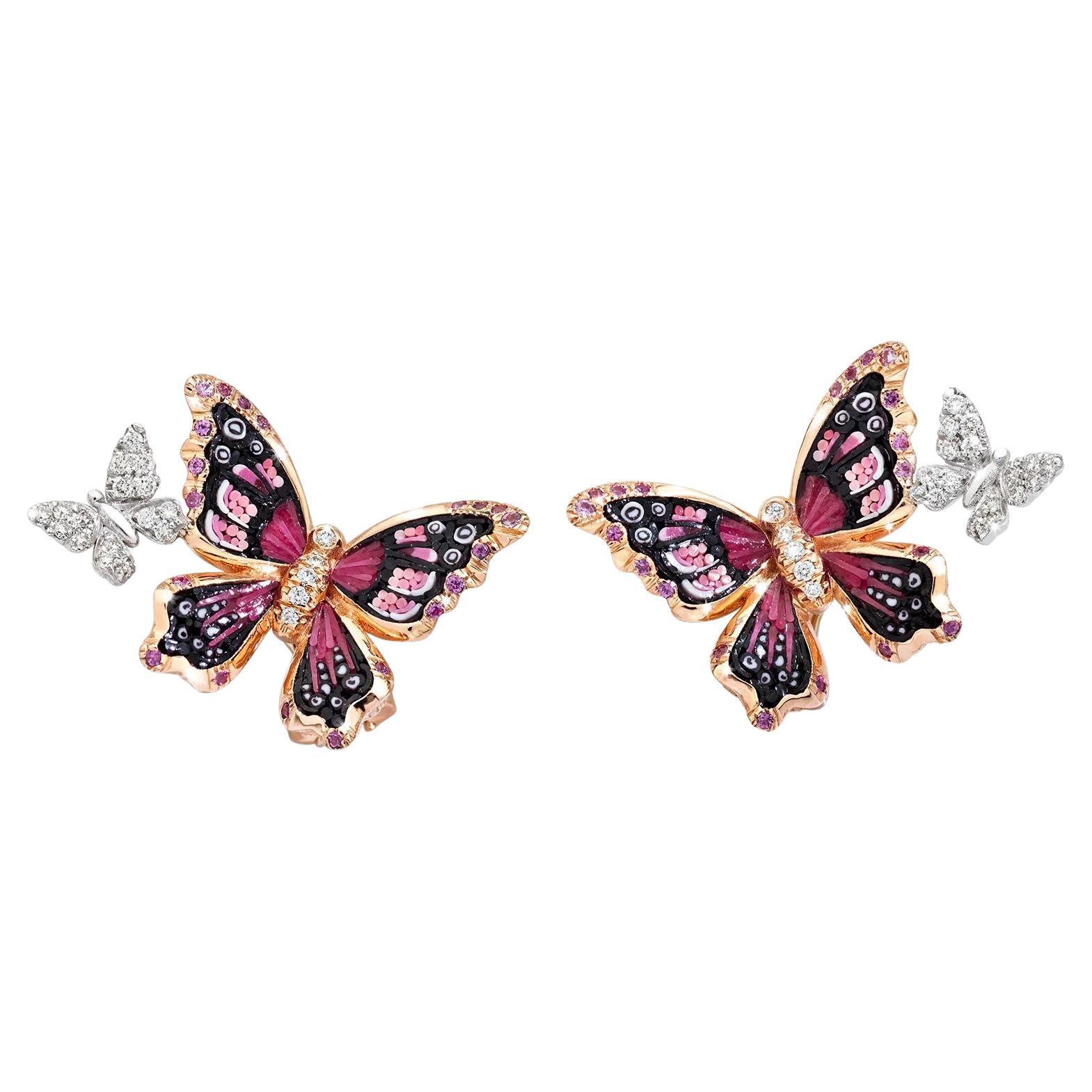 Rose Gold Butterfly Earings with White Diamonds, Pink Sapphires and Micromosaic