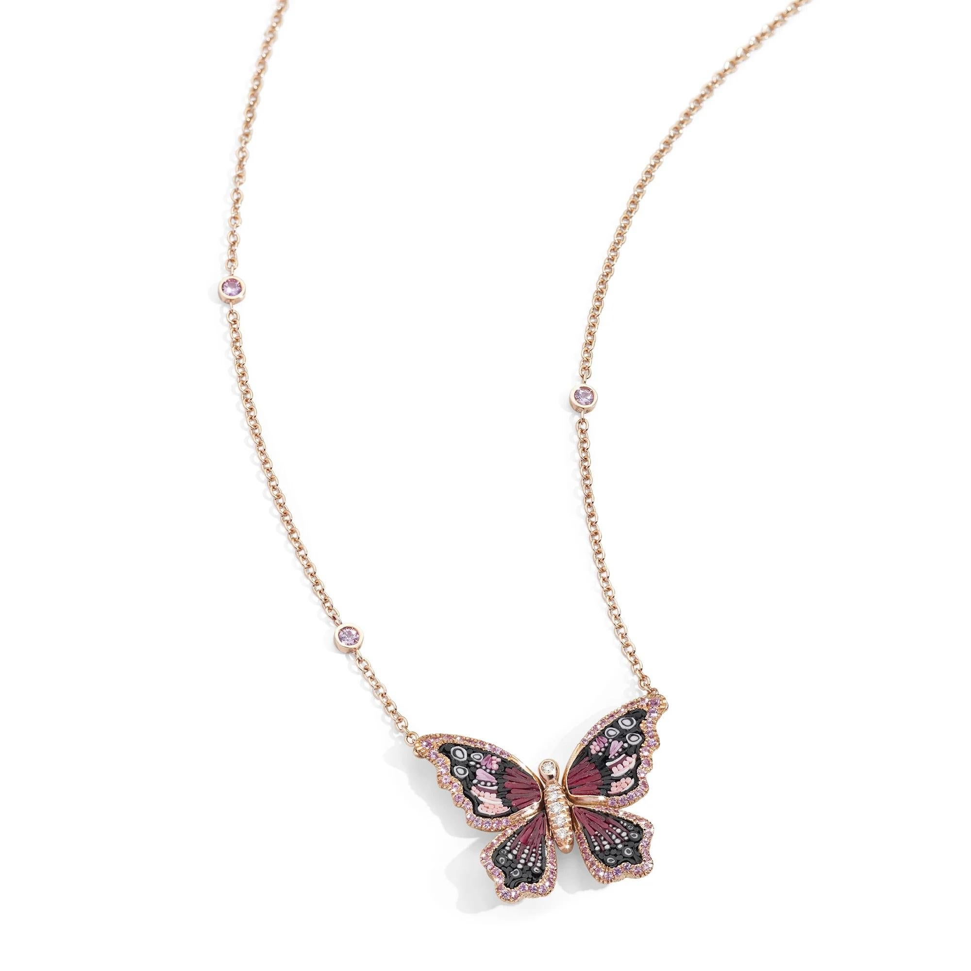 Embrace the captivating spirit of metamorphosis with this awe-inspiring necklace. 
Inspired by the delicate Pearly-Eye butterfly, its enchanting pendant takes flight in rose gold, adorned with resplendent diamonds, pink sapphires, and exquisite