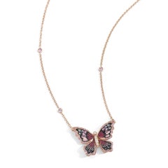 Rose Gold Butterfly Necklace with White Diamonds, Pink Sapphires and Micromosaic