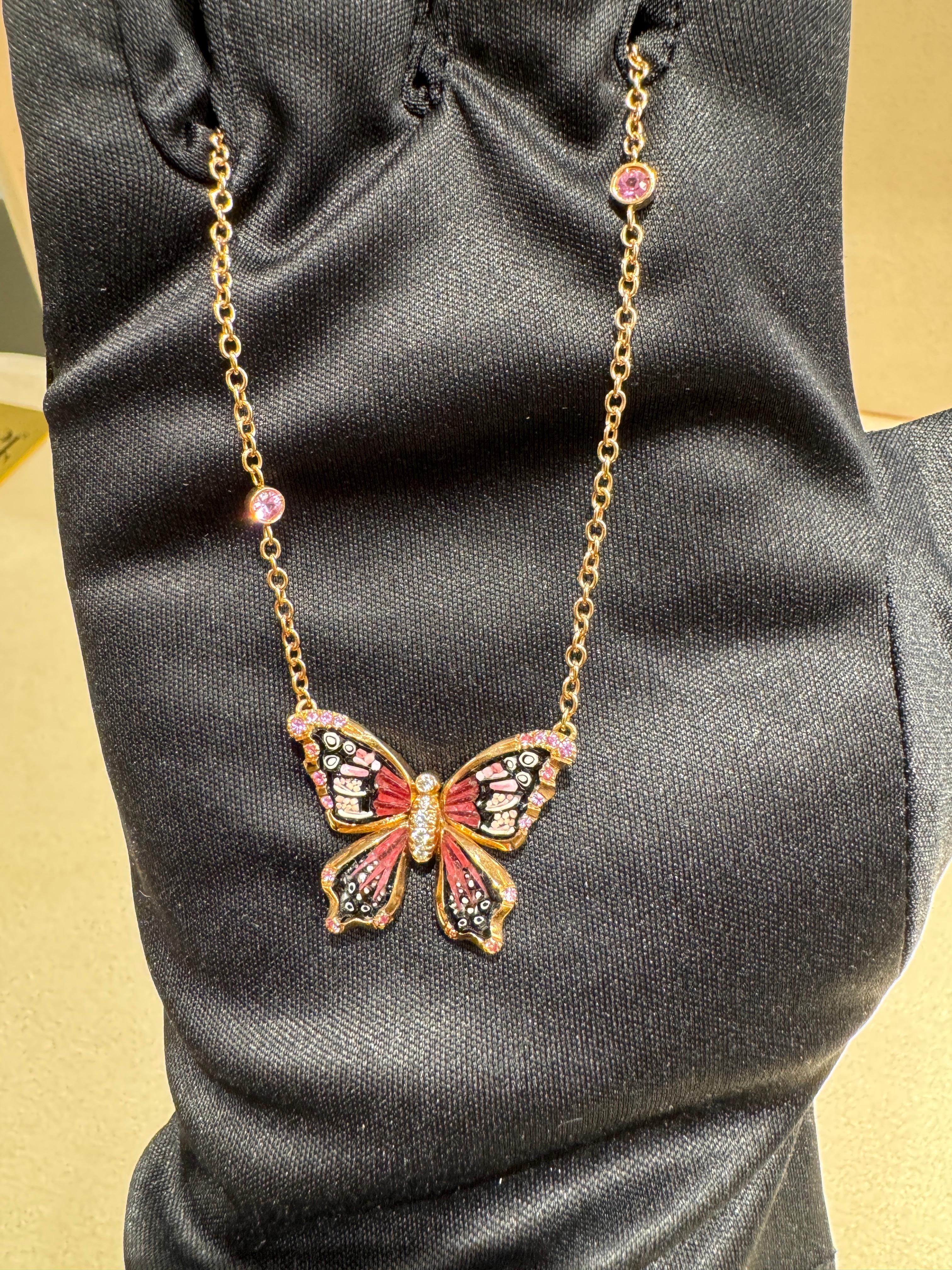 Rose Gold Butterfly Necklace with White Diamonds, Pink Sapphires and Micromosaic Corte mixto en venta