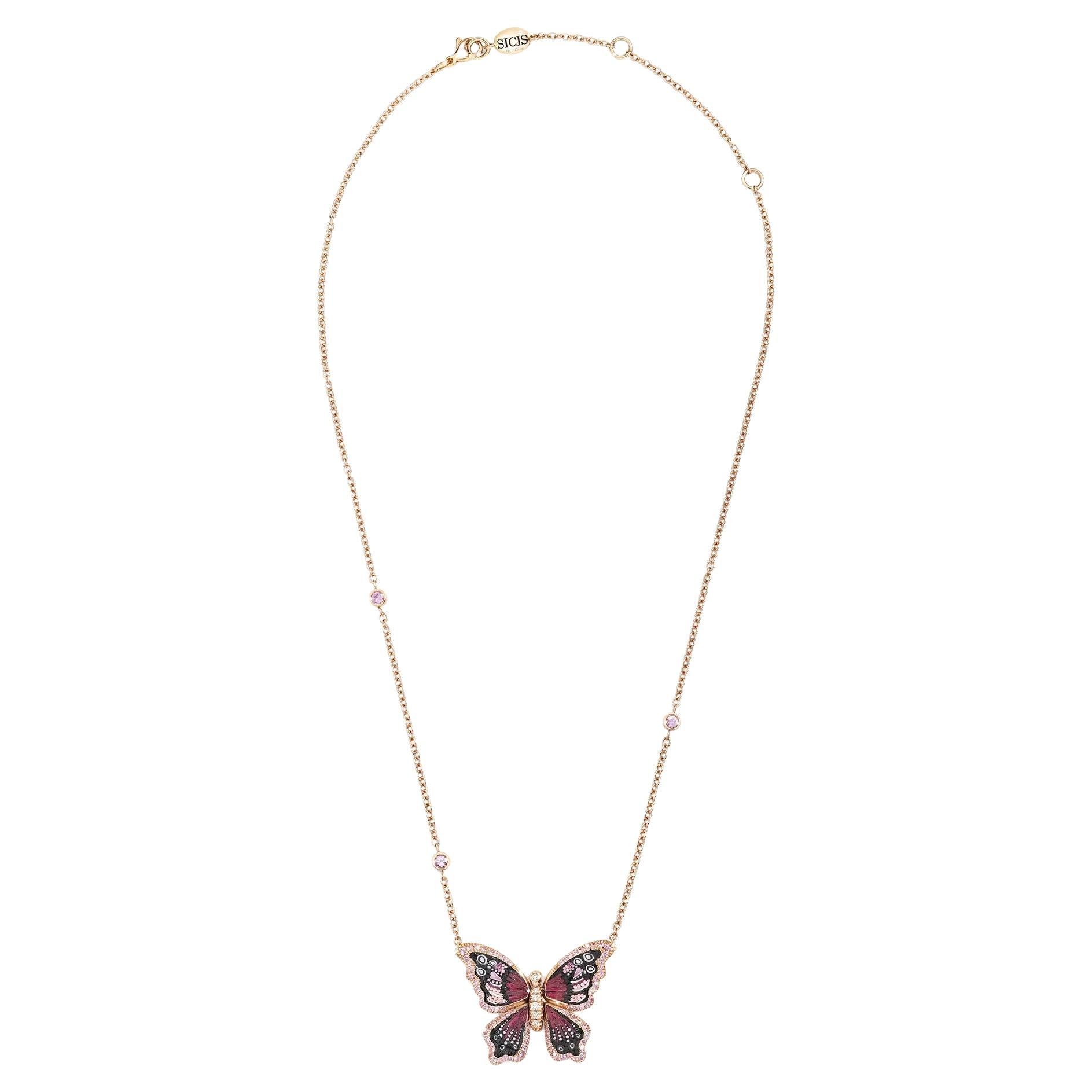 Rose Gold Butterfly Necklace with White Diamonds, Pink Sapphires and Micromosaic