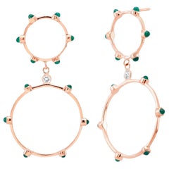 Rose Gold Cabochon Emerald Diamond Drop Circle Earrings 1.75 Inch Long