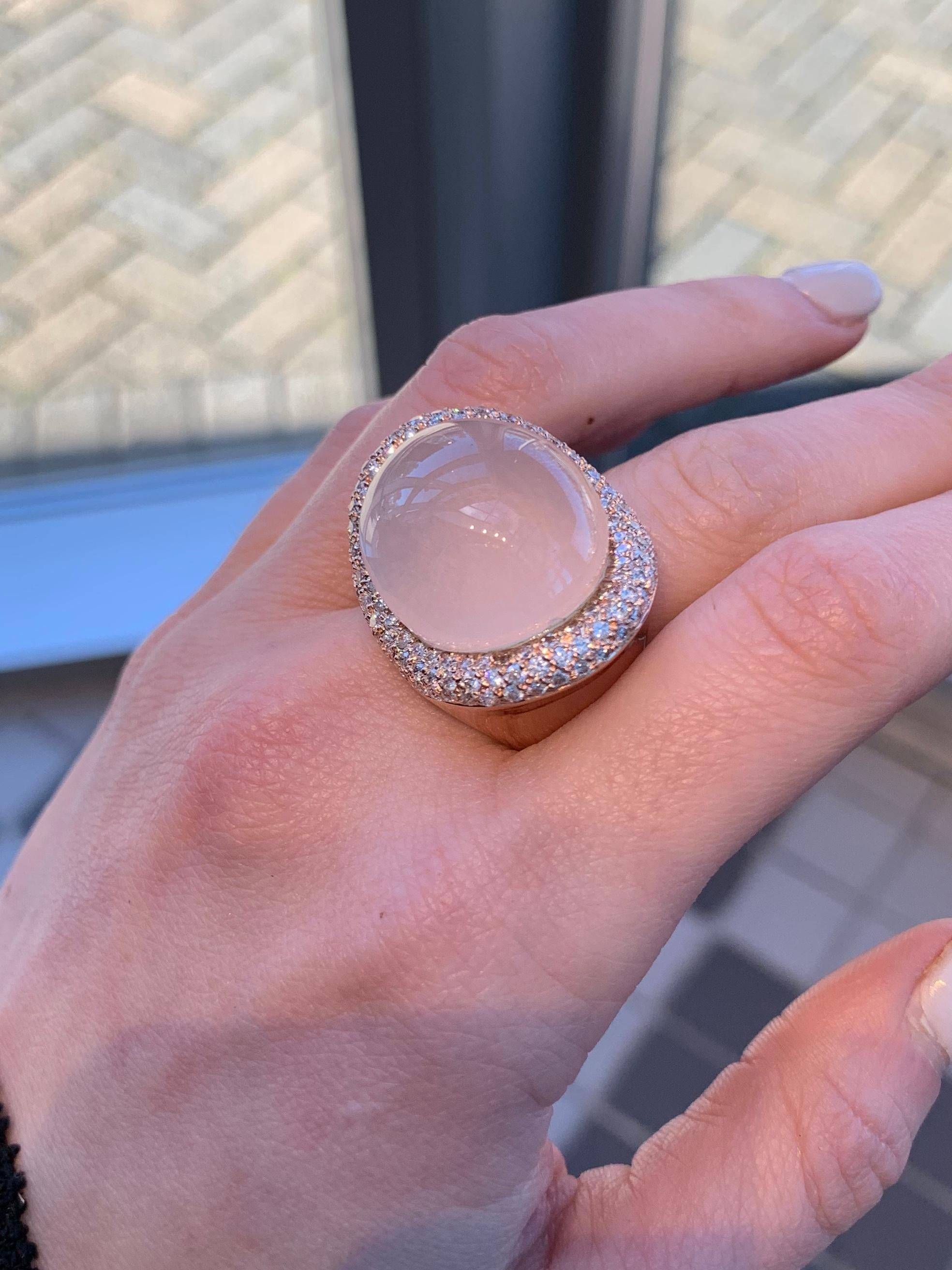 Rose Gold Cabochon Rose Quartz and Diamond Large Cocktail Ring In Good Condition In Pikesville, MD