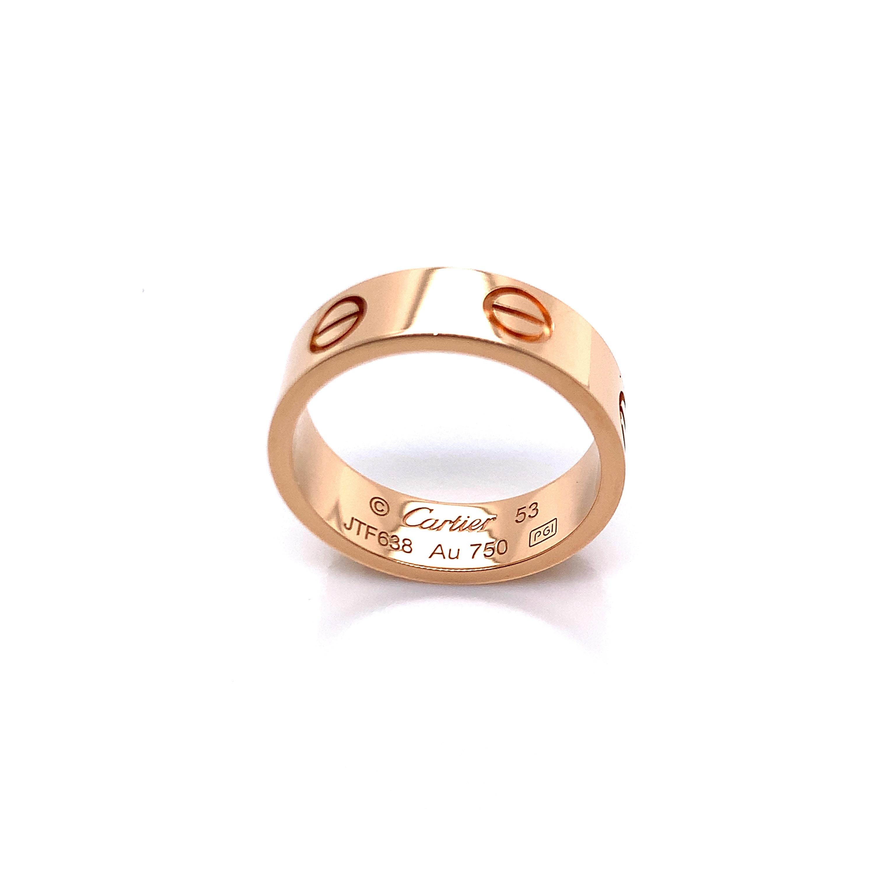 An 18k rose gold Cartier Love ring (750/1000), weighing 6.0 grams in size 53 (approximately 6.5 in US). 

Serial No. JTF638