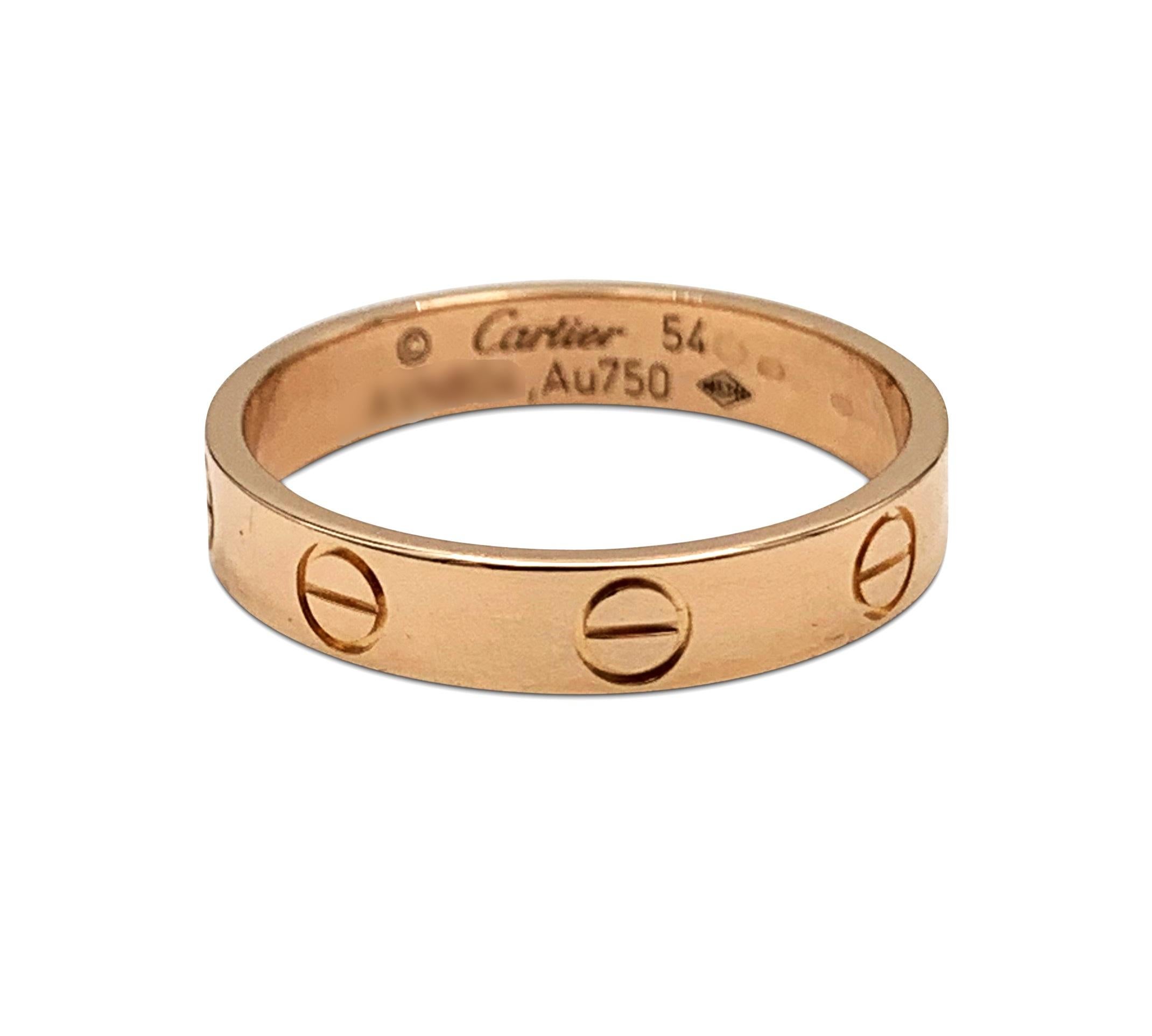 Authentic Cartier Love Ring crafted in 18 karat rose gold.  Signed Cartier, 54, Au 750, with serial number and hallmarks.  Size 54, US size 6 3/4.  does not come with box or papers.  CIRCA 2010s