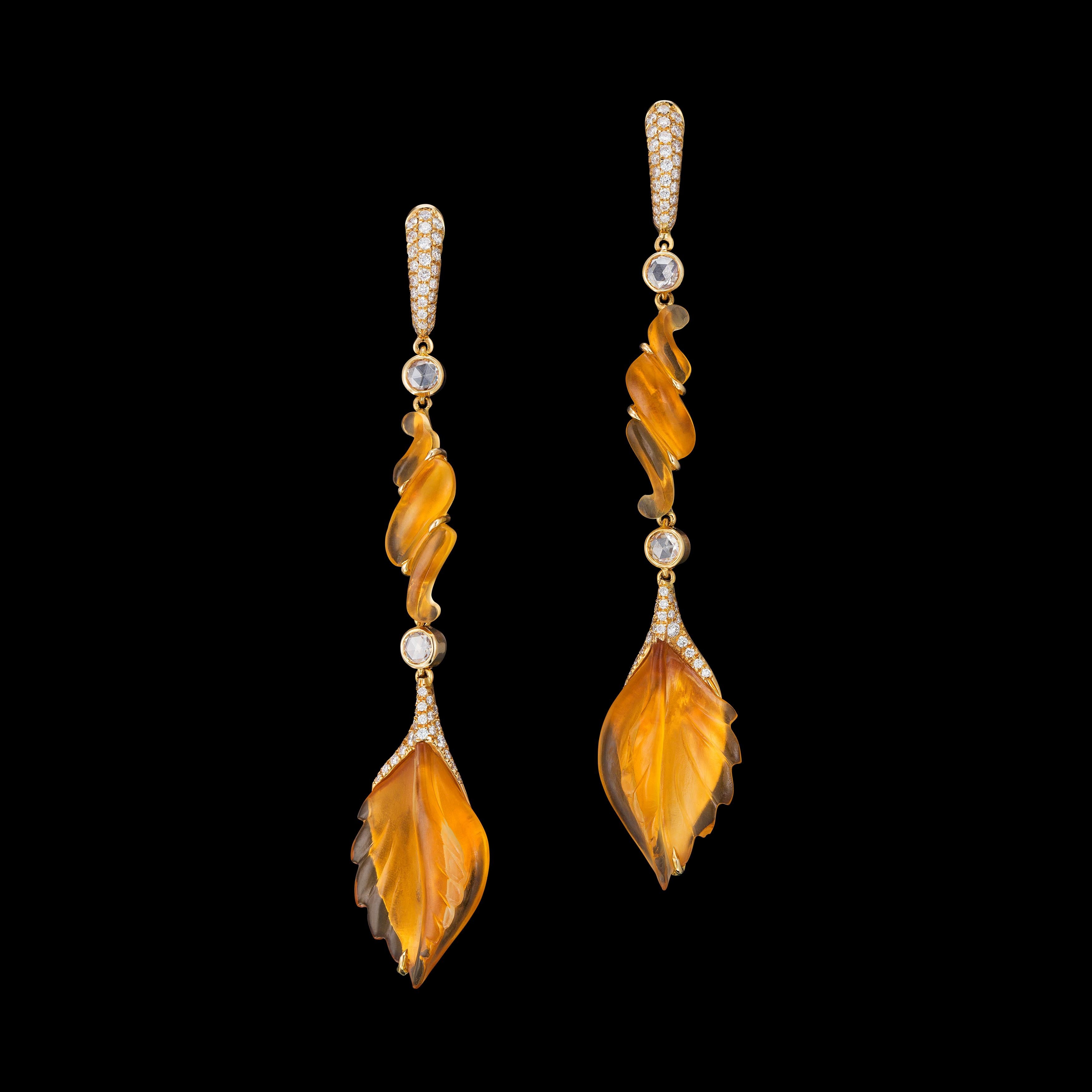hand carved and hand made, rose gold, citrine and diamond long hanging drop earrings.
