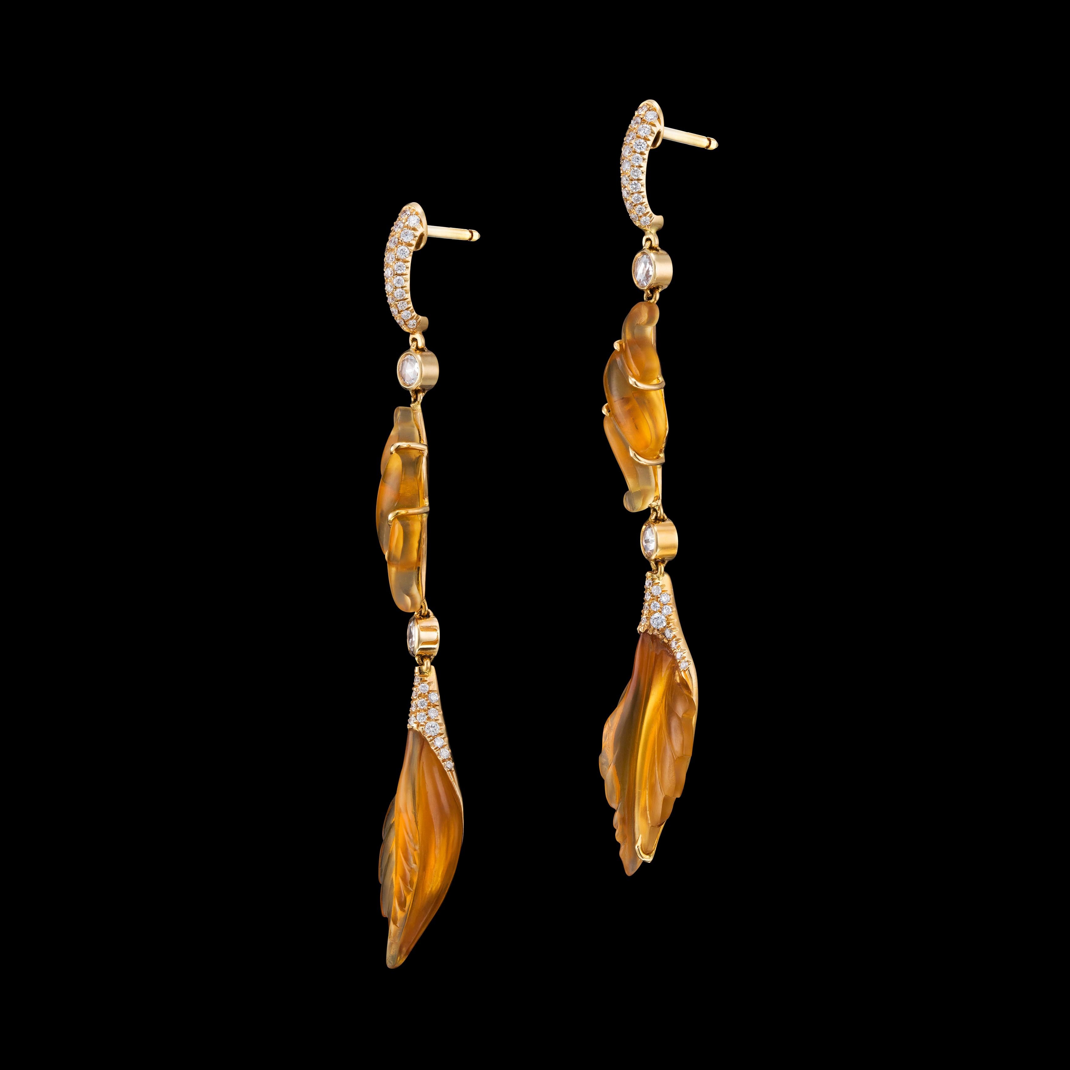 Rose Gold Carved Citrine and Diamond Earrings In New Condition In Ramat Gan, IL