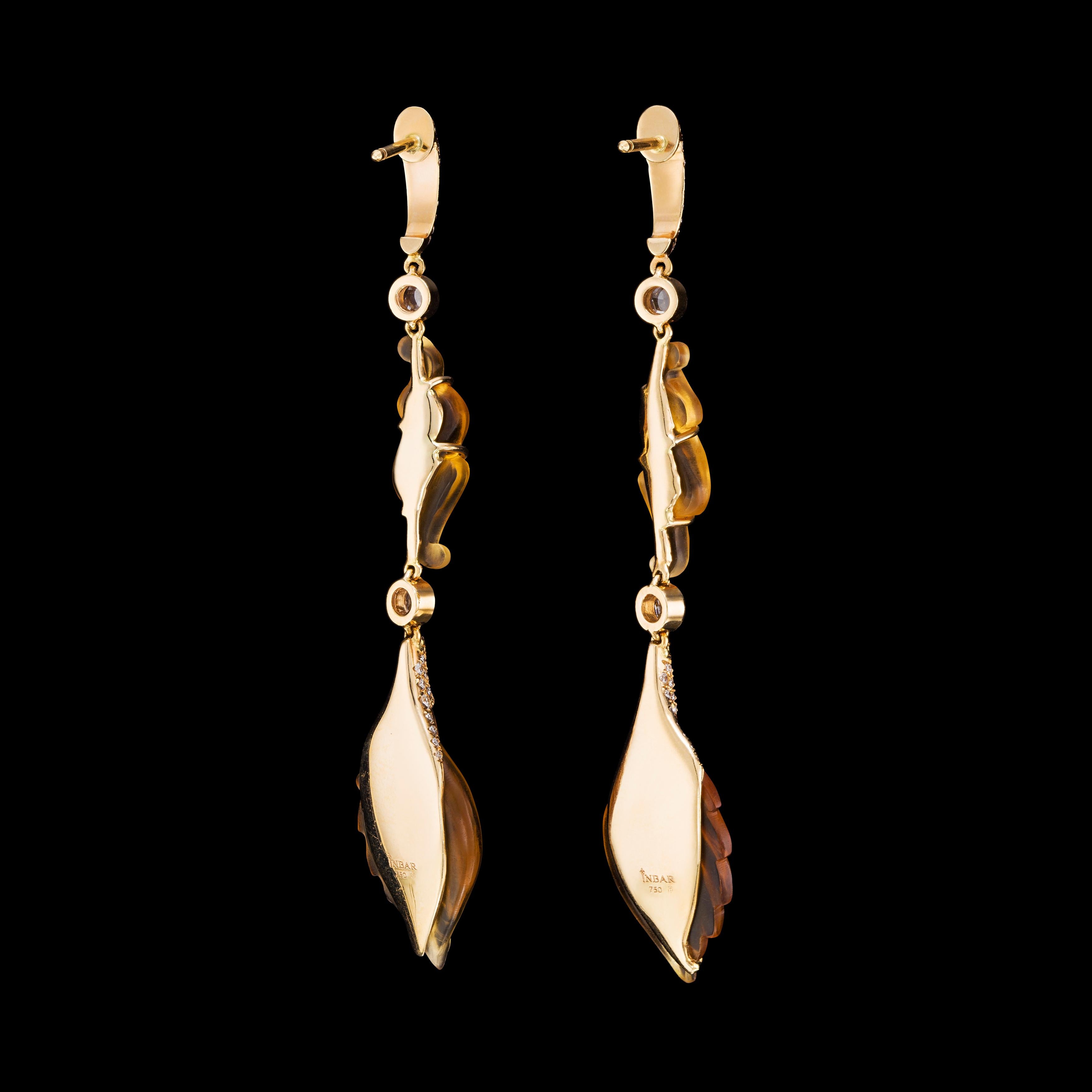 Women's or Men's Rose Gold Carved Citrine and Diamond Earrings