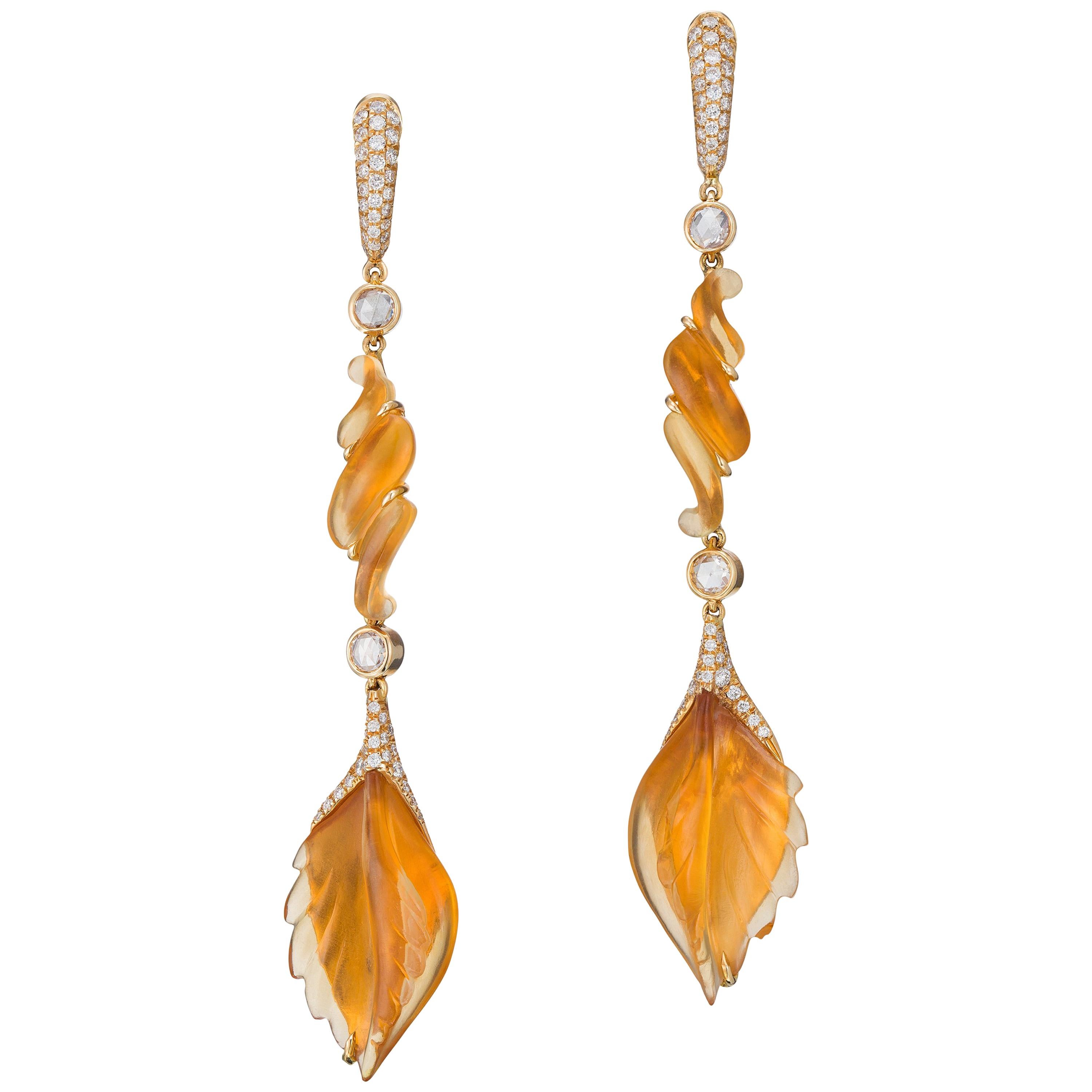 Rose Gold Carved Citrine and Diamond Earrings
