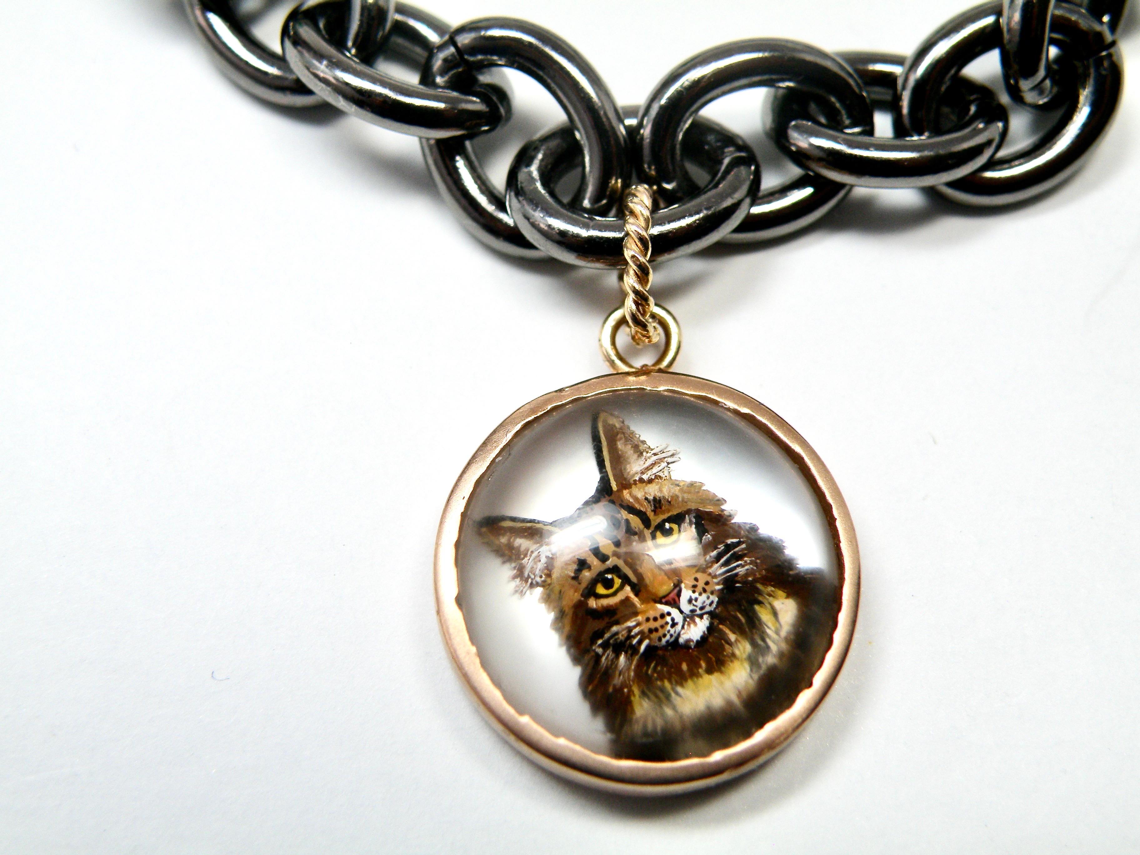 Contemporary Rose Gold Cat Handpainted in Reverse Quartz Crystal For Sale