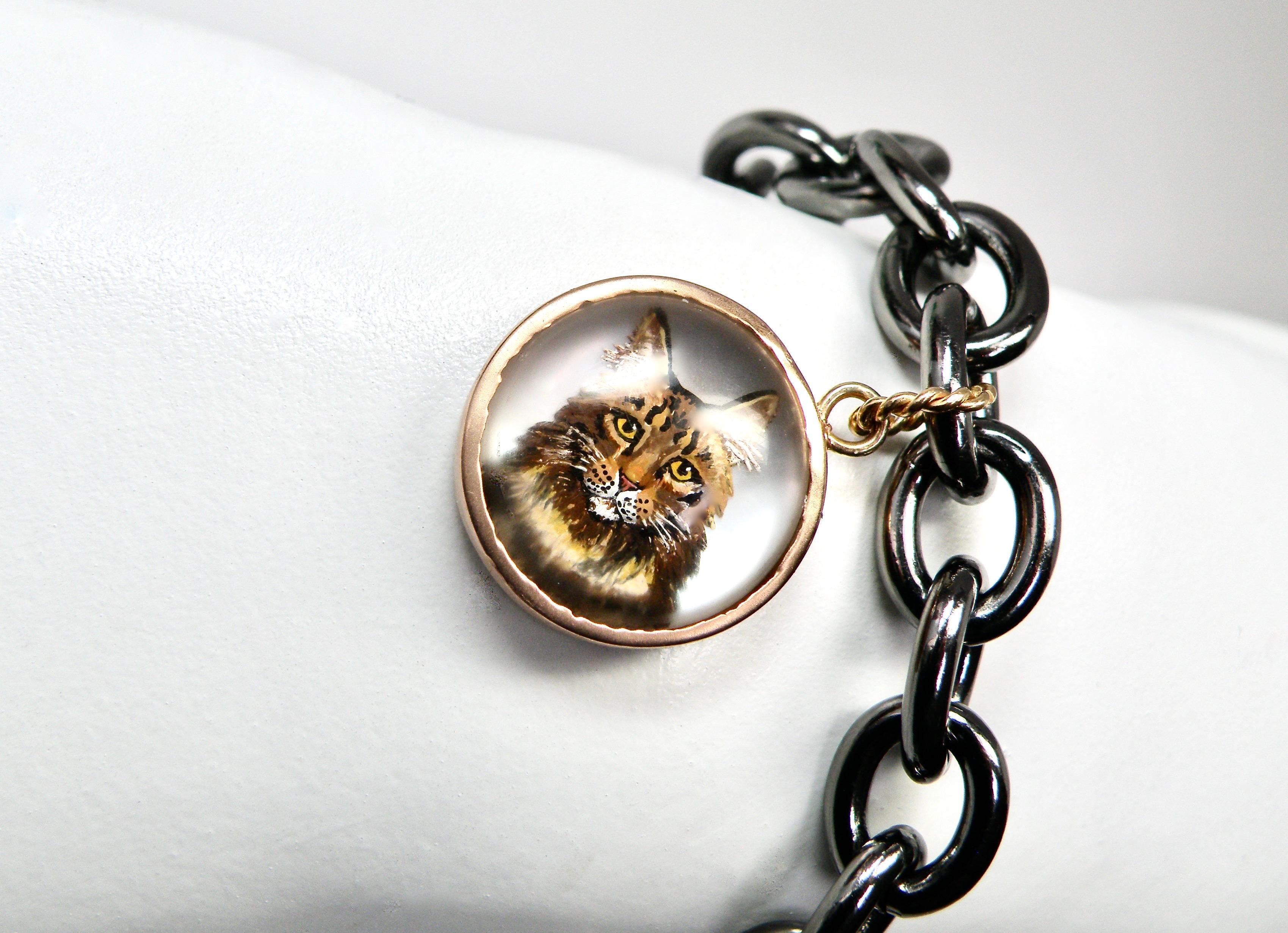 Round Cut Rose Gold Cat Handpainted in Reverse Quartz Crystal For Sale