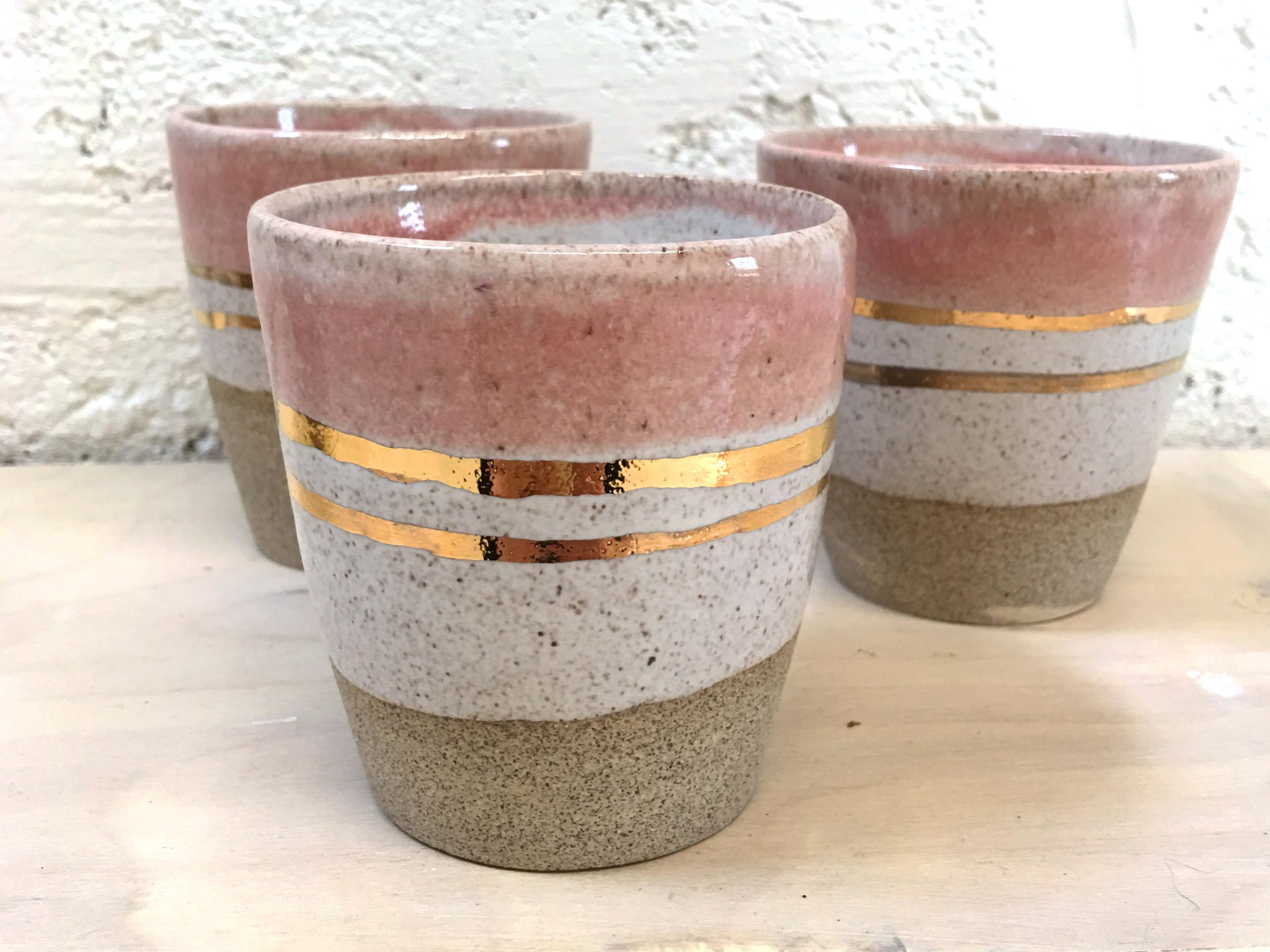 American Rose Gold Ceramic Cortado Cups with 22-Karat Gold Luster by Kim Brown For Sale