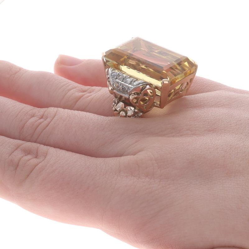 Rose Gold Citrine Diamond Retro Ring - 14k Emer 45.97ctw Floral Vintage Cocktail In Good Condition For Sale In Greensboro, NC