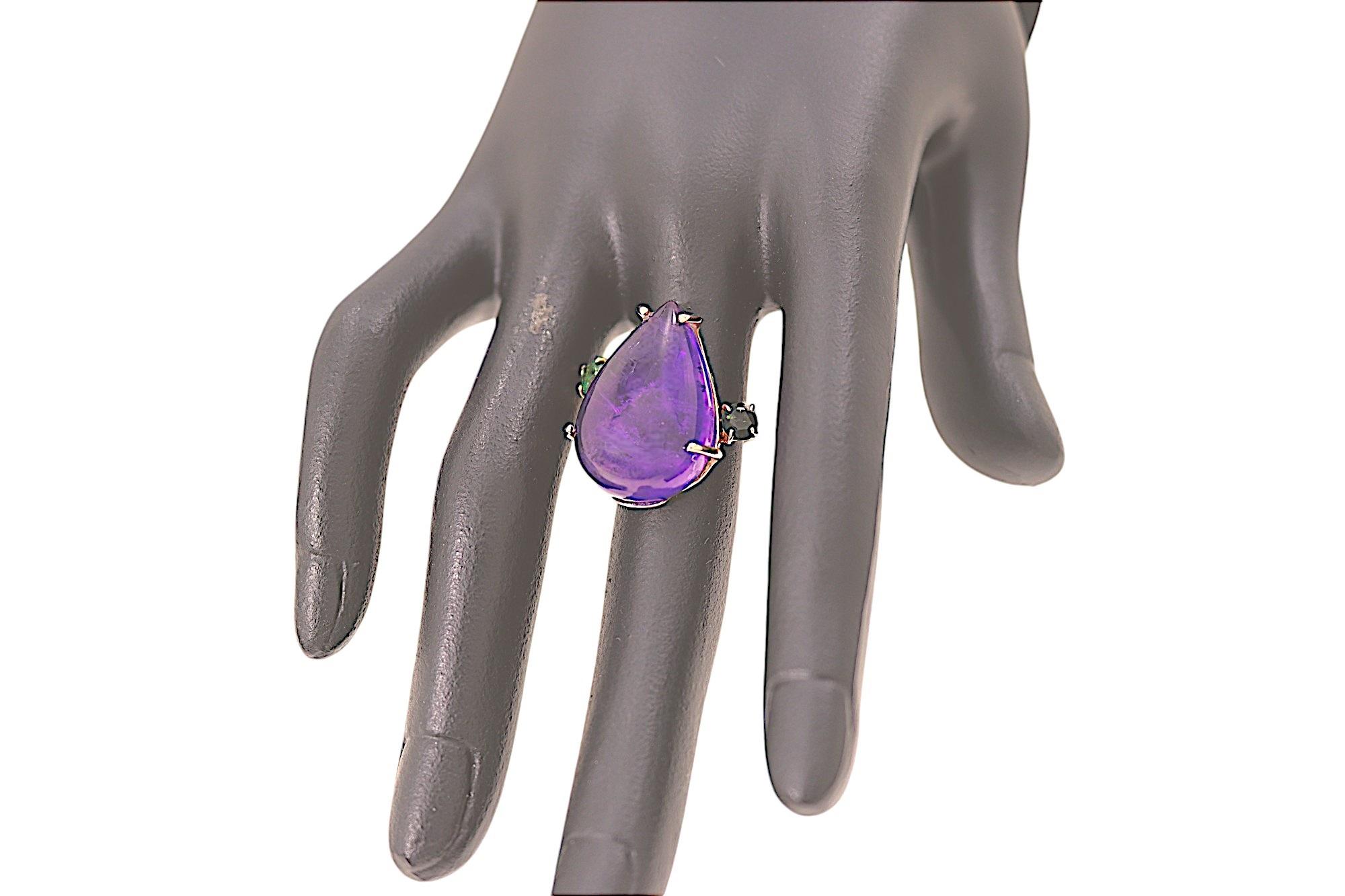 Anillo de cóctel de oro rosa Gota de amatista morada Turmalina verde Botta gioielli Contemporáneo en venta