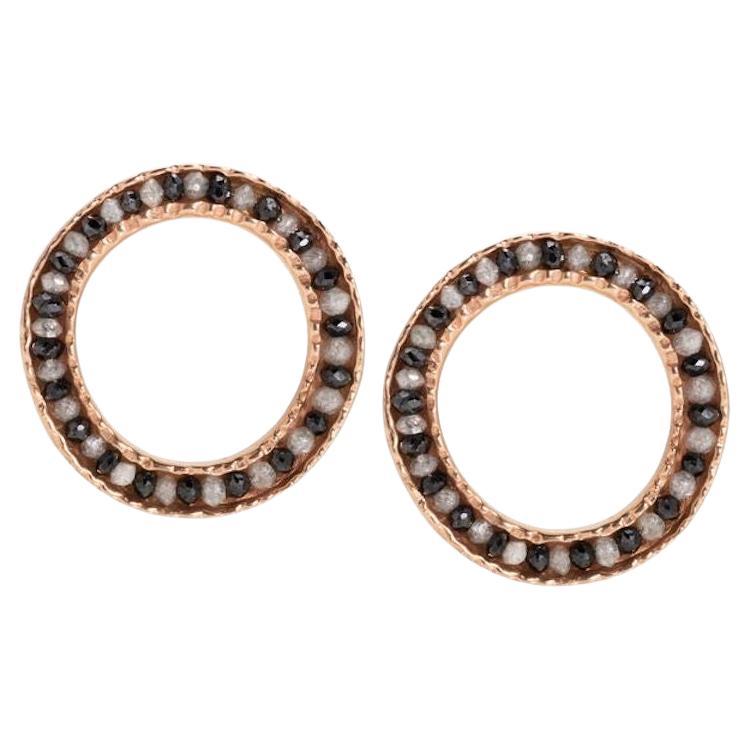 Boucles d'oreilles pièces de monnaie en or rose 14K avec diamants noirs et blancs