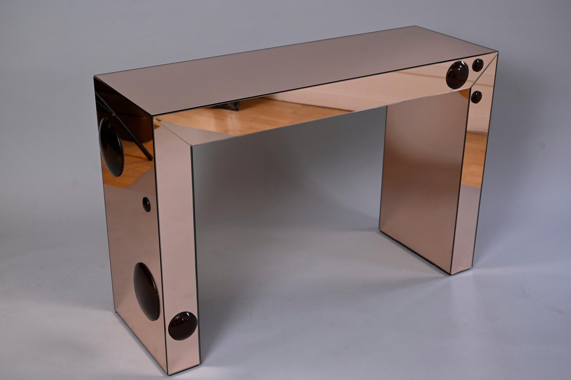 Post-Modern Rose Gold console table with bronze glass bubble spots For Sale