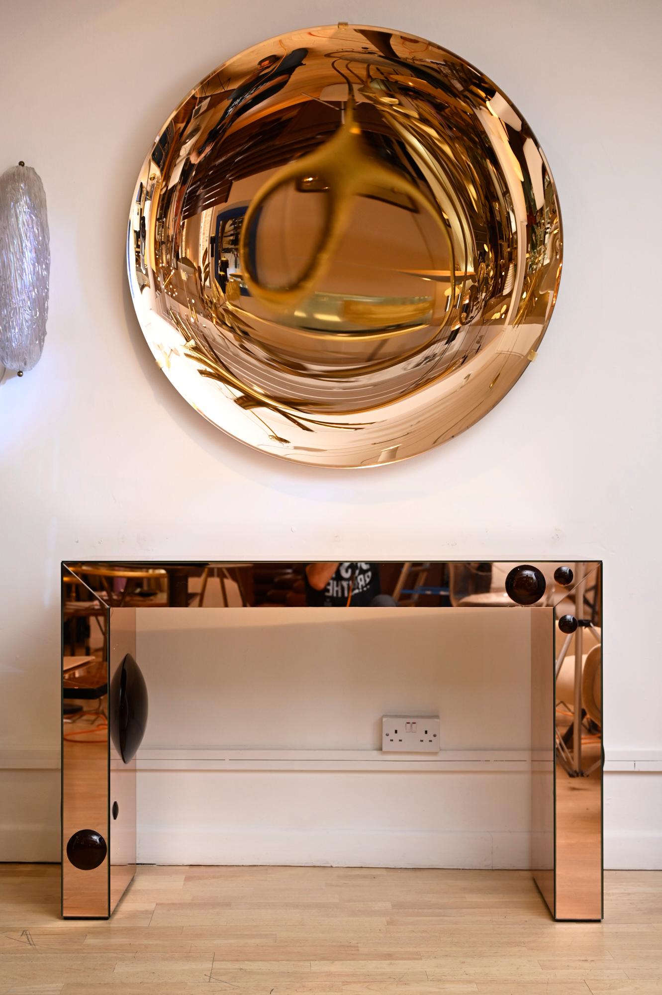 Contemporary Rose Gold console table with bronze glass bubble spots For Sale