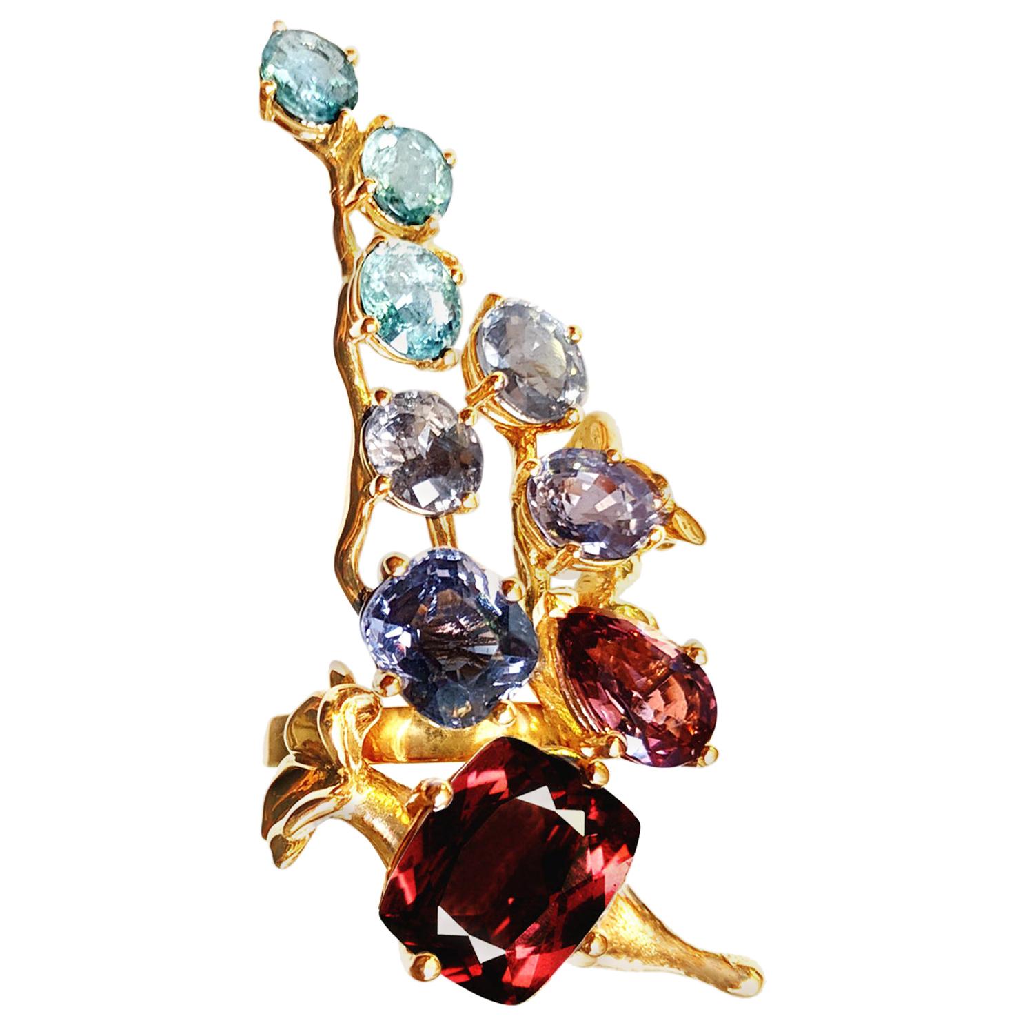 Rose Gold Contemporary Cocktail Ring with Sapphires and Tourmalines For Sale