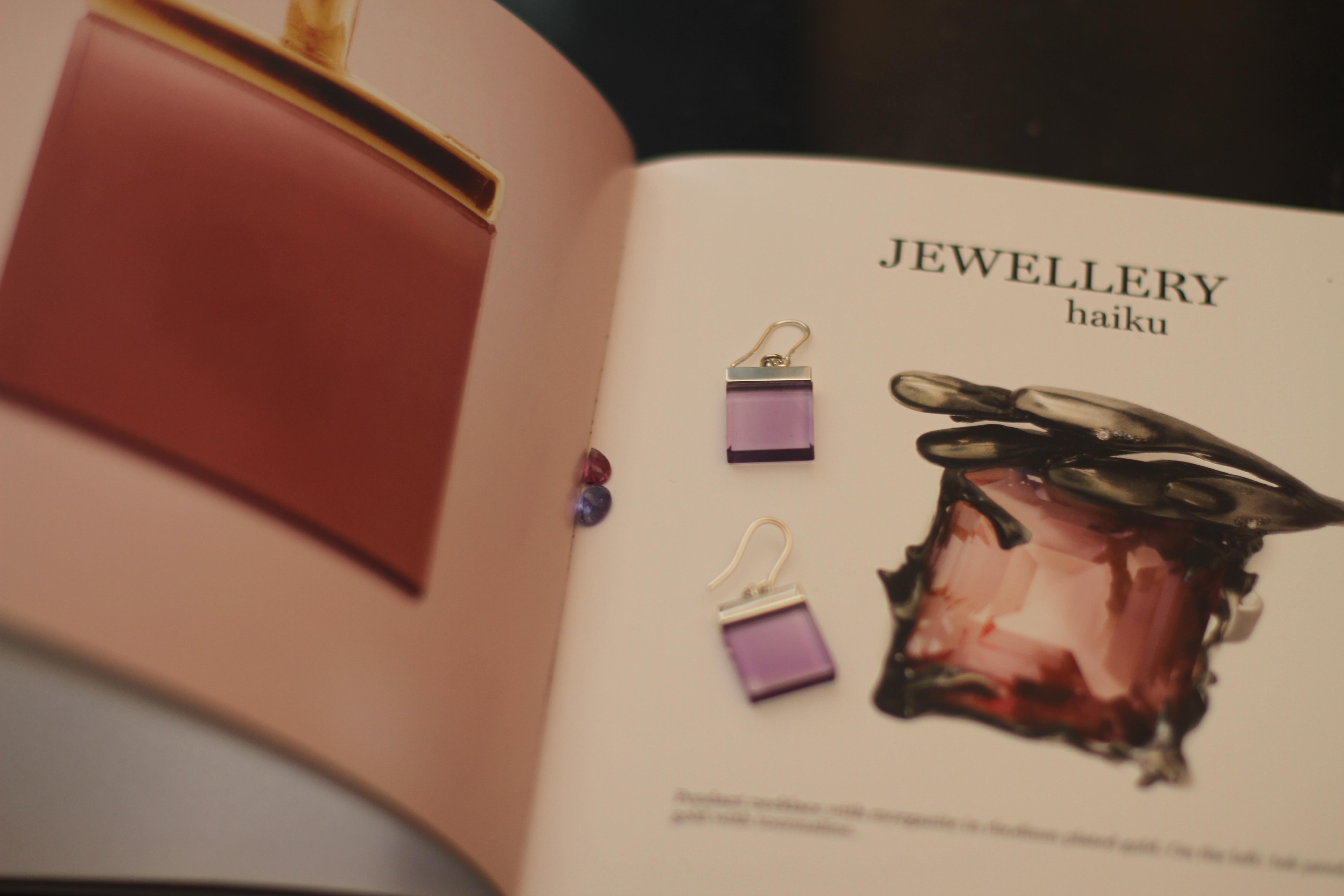 The earrings are made of 14 karat rose gold and feature 15x15x3 mm natural light pinkish amethysts that are both attractive and elegant.

This contemporary jewellery collection was originally designed by artist Polya Medvedeva as sculptures made of