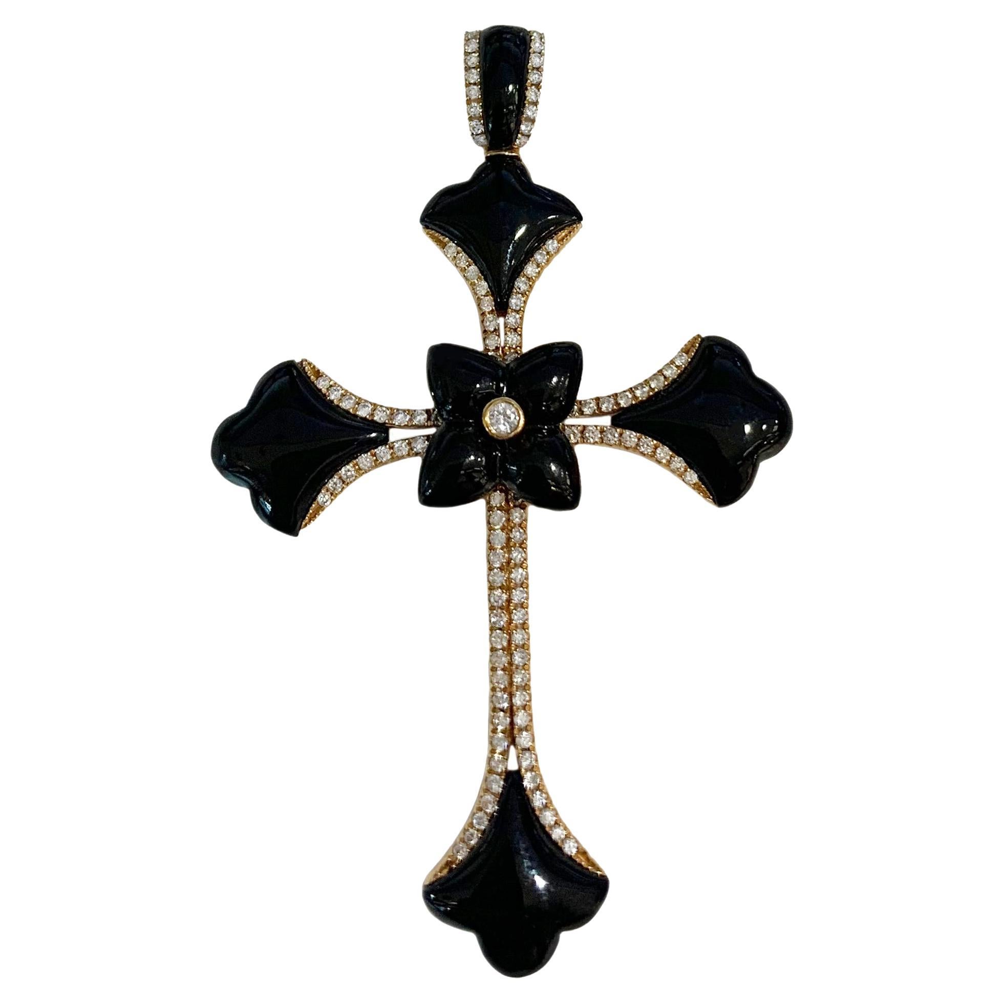 Rose Gold Cross Pendant with Diamonds and Black Onyx For Sale