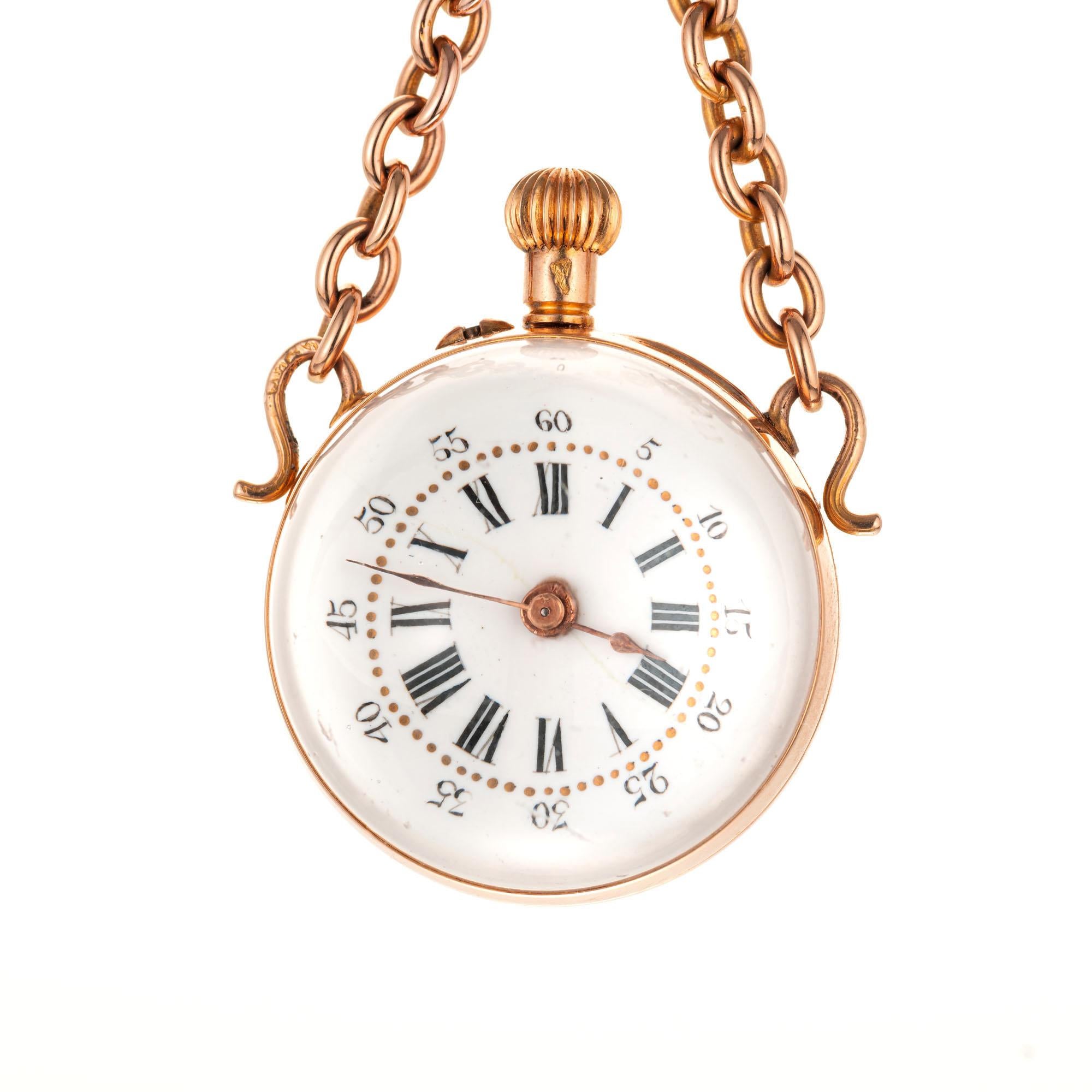 circa 1880-1890 Crystal ball watch with a 20-Inch-long solid rose gold chain with a swivel catch that can be worn alone. You can also attach the crystal ball watch to the swivel or at the end of the chain.

14k rose gold
9k rose gold
Length: 20 inch