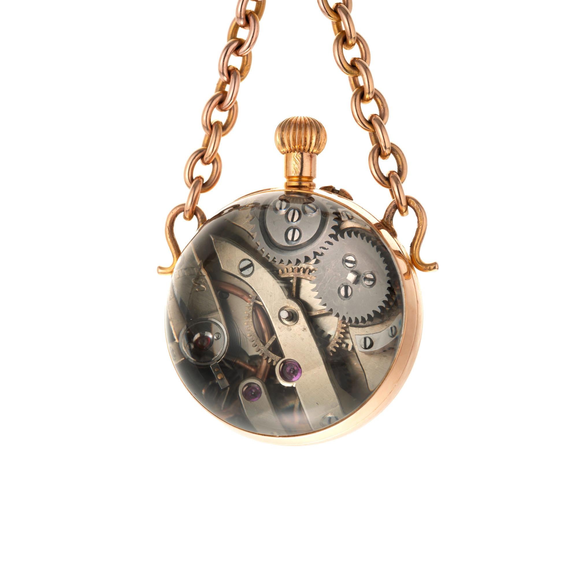 Rose Gold Crystal Ball Pocket Watch Pendant Necklace In Good Condition For Sale In Stamford, CT
