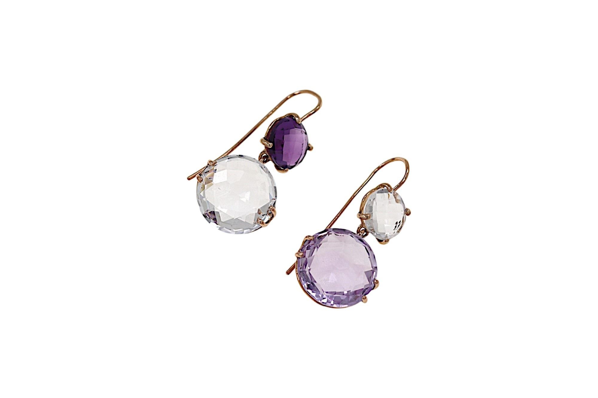 Contemporary handmade earrings crafted in 9k rose gold in our jewelry workshop in Milan. The stones used are amethyst and rock crystal, cut in oval and round shapes with a briolette faceting. Two shades of purple have been used to make the earrings