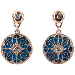 Rose Gold Dangle Post Earrings with Sleeping Beauty Turquoise Discs and Diamonds