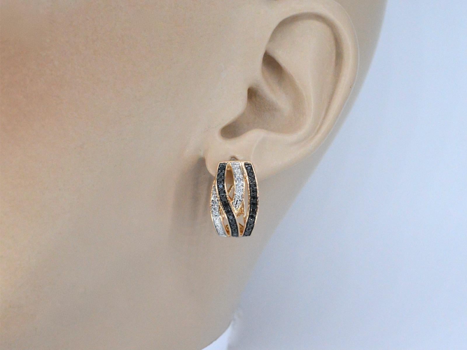 Contemporary Rose Gold Design Earrings with White and Black Brilliant Diamonds For Sale