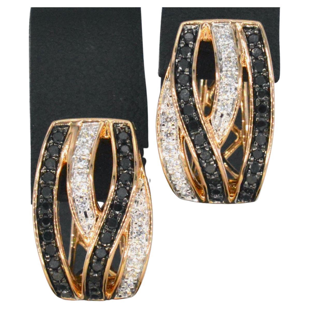 Rose Gold Design Earrings with White and Black Brilliant Diamonds