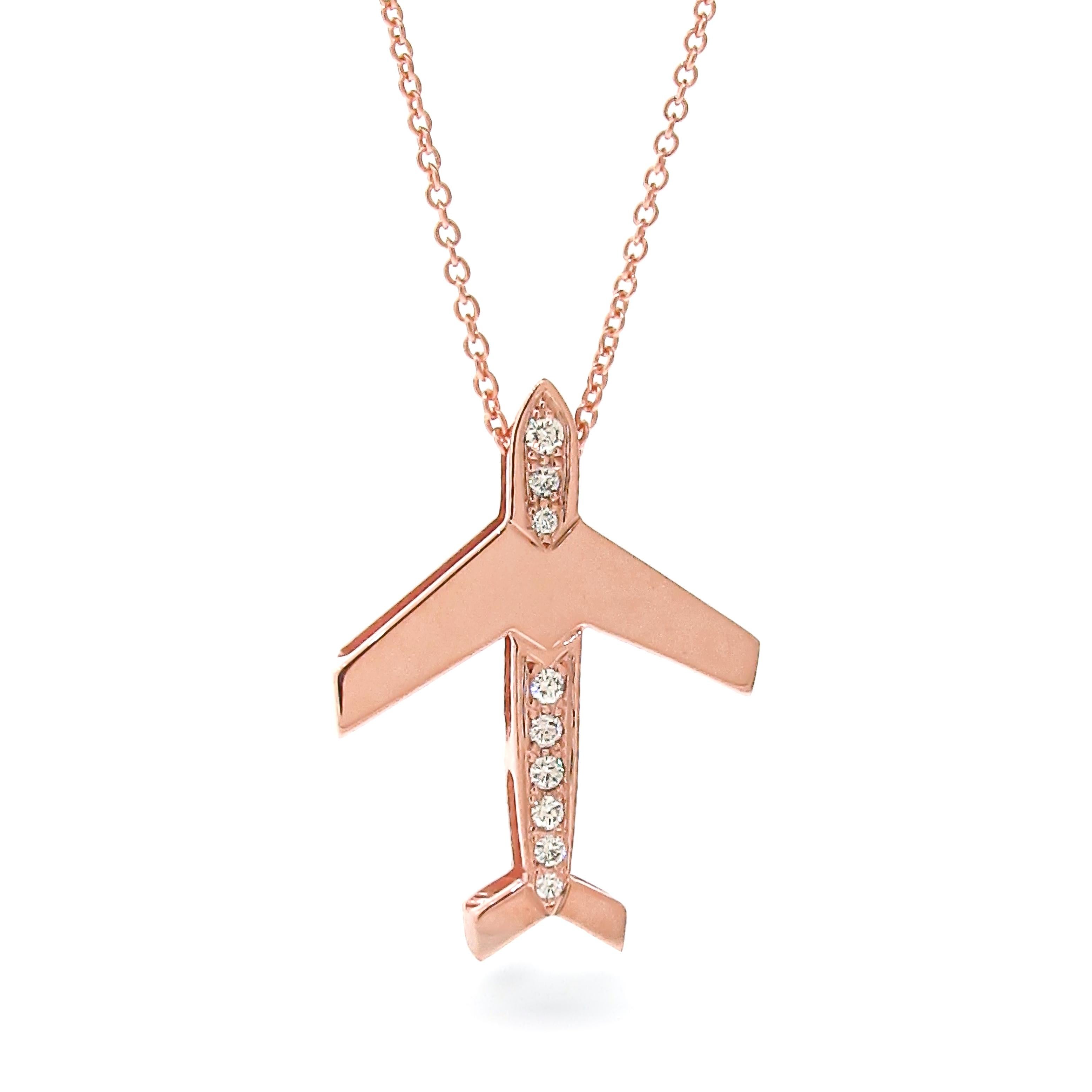 Introducing our exquisite Solid 9k Rose Gold Diamond Large Airplane Necklace, a captivating piece that combines elegance and symbolism. This pendant is paired with a 1.4mm thick solid 9k gold cable chain, and embodies the spirit of aviation and