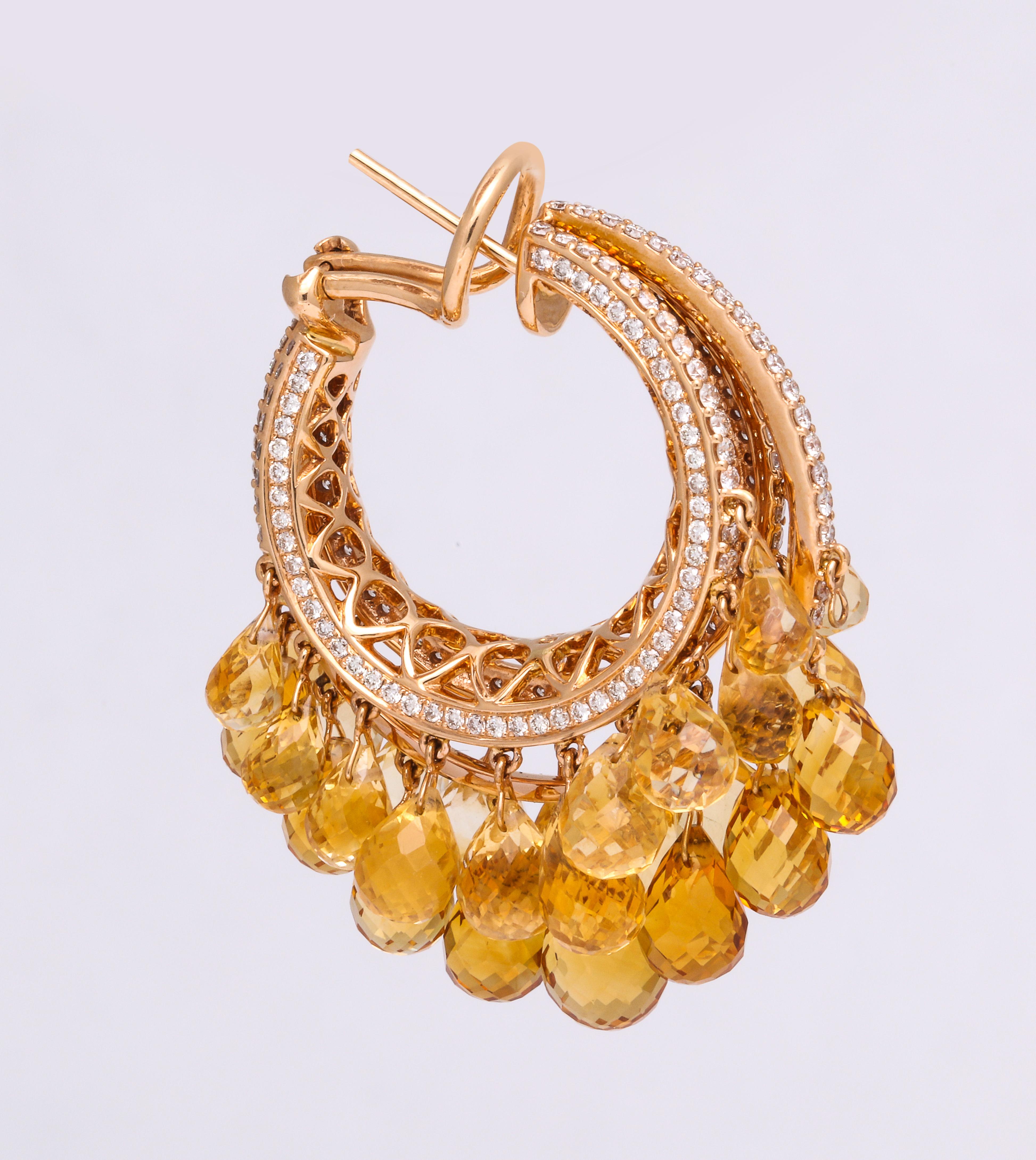 Contemporary Rose Gold, Diamond and Citrine Briolette Hoop Earrings For Sale