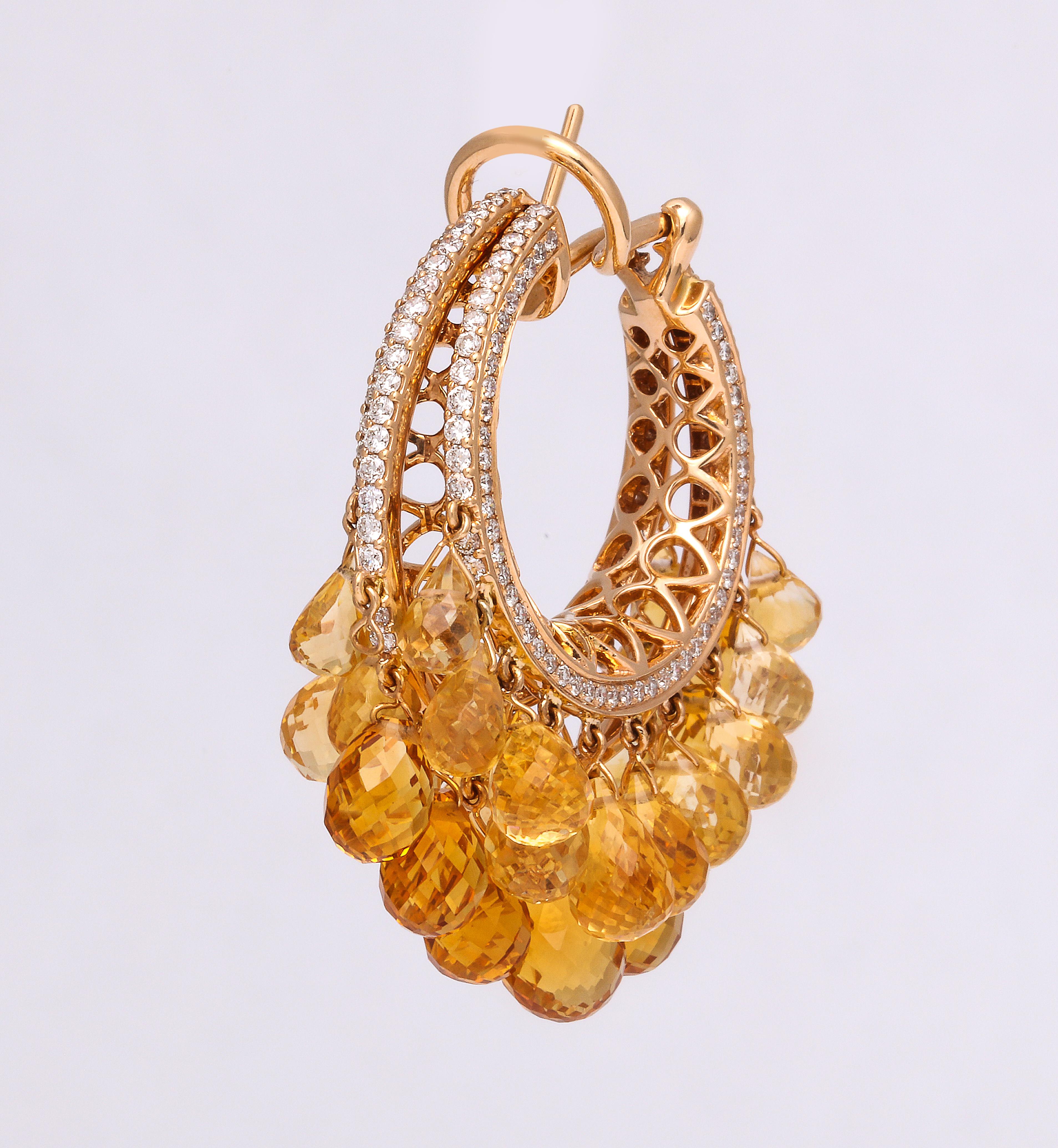 Rose Gold, Diamond and Citrine Briolette Hoop Earrings In New Condition For Sale In New York, NY