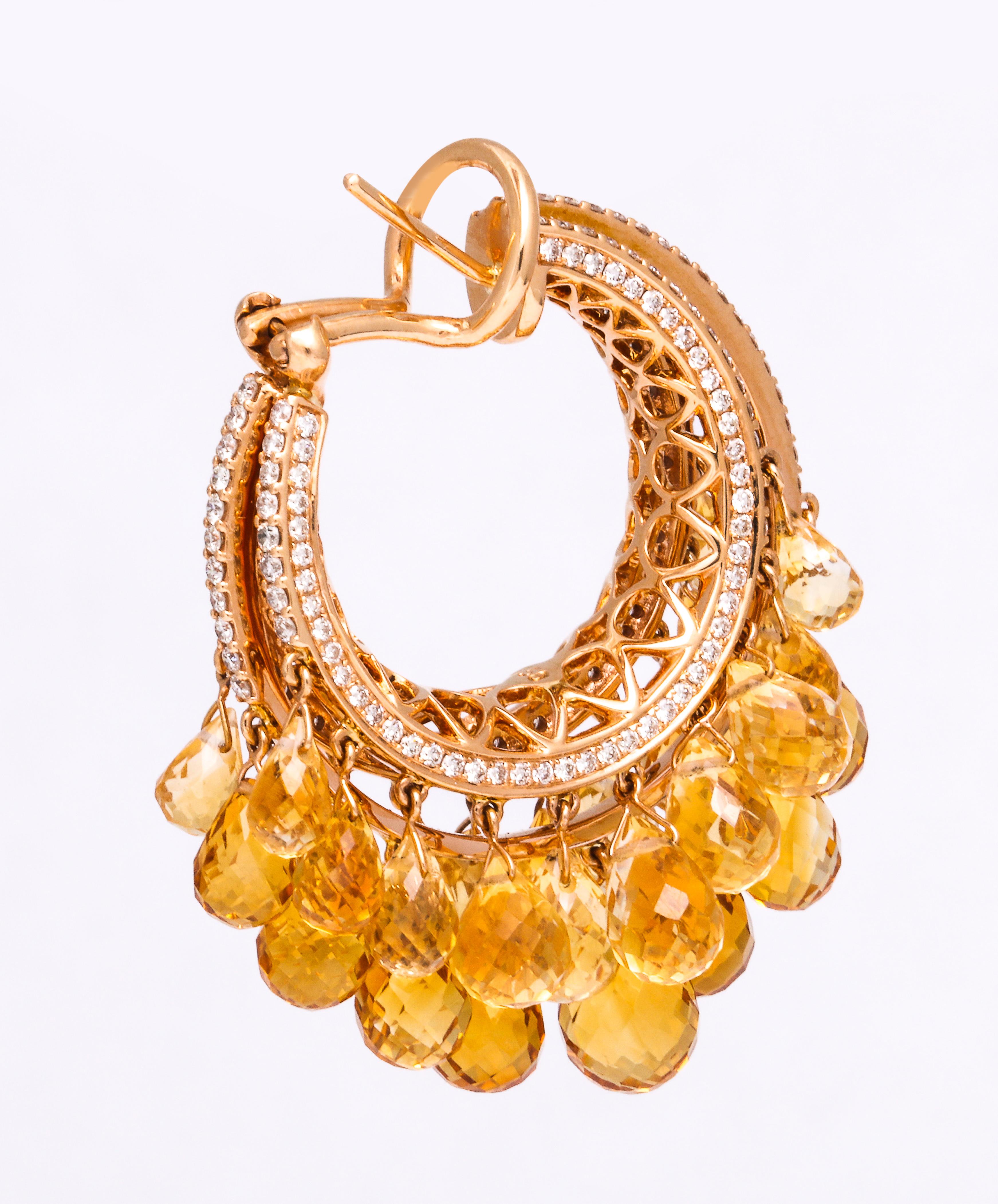 Women's Rose Gold, Diamond and Citrine Briolette Hoop Earrings For Sale