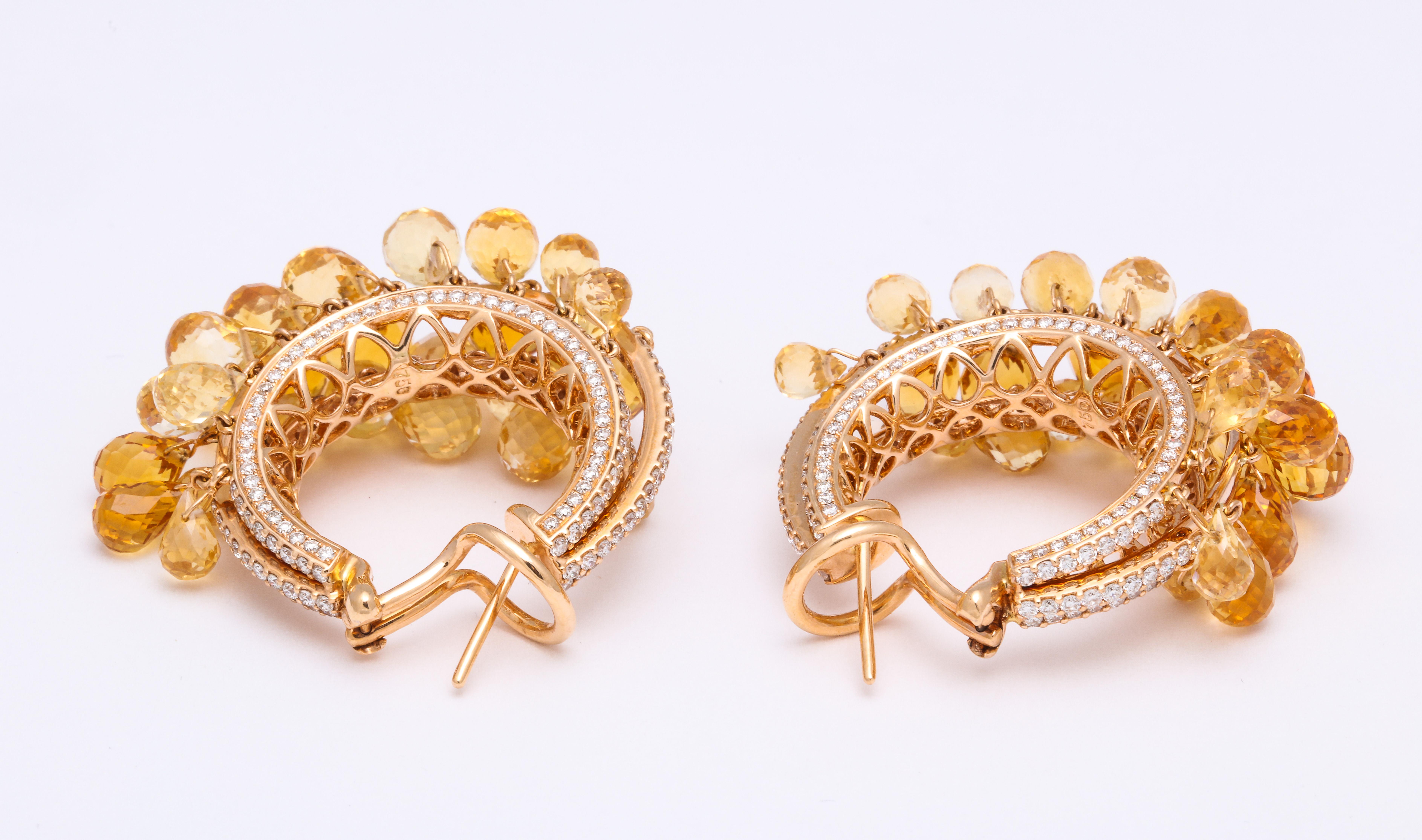 Rose Gold, Diamond and Citrine Briolette Hoop Earrings For Sale 1