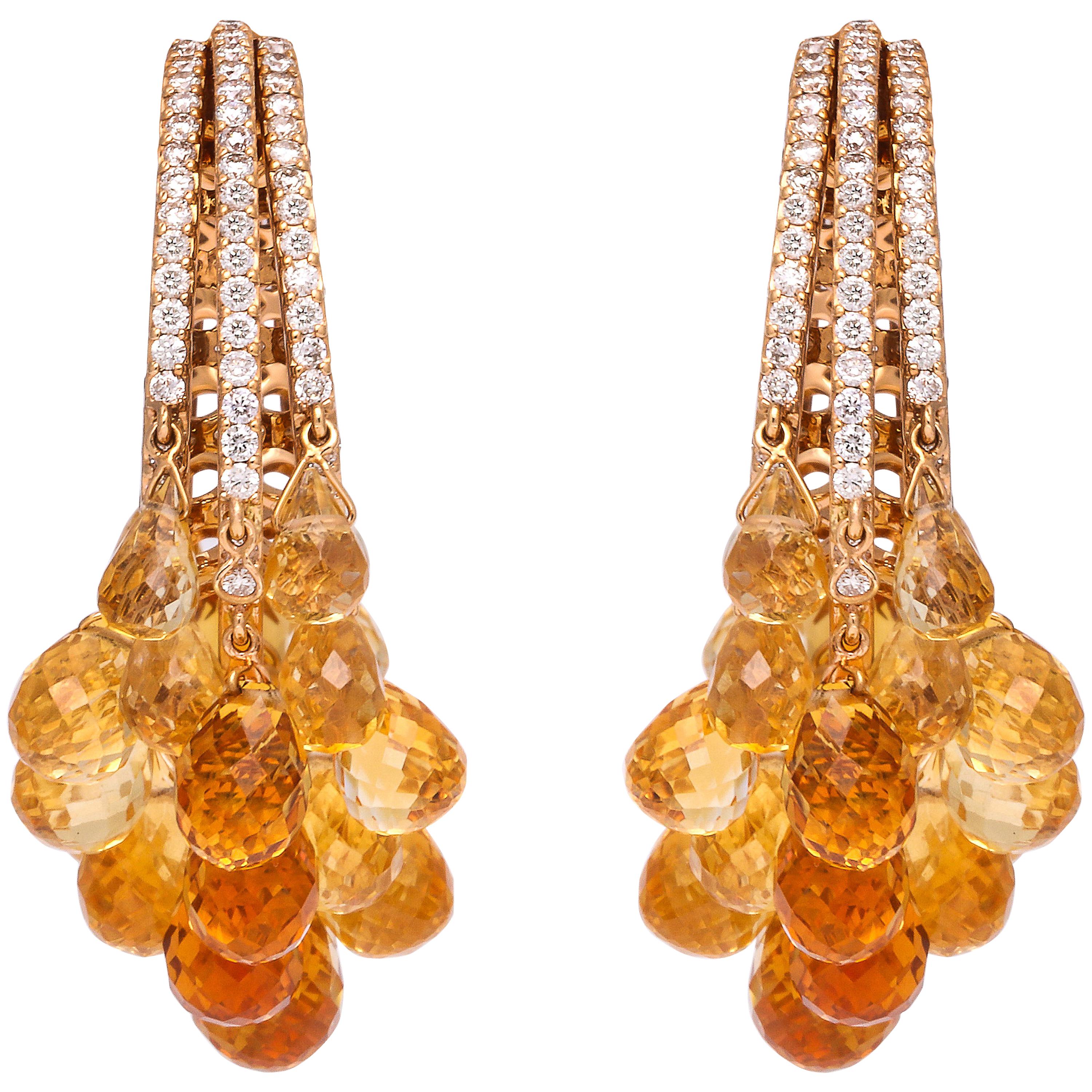 Rose Gold, Diamond and Citrine Briolette Hoop Earrings For Sale