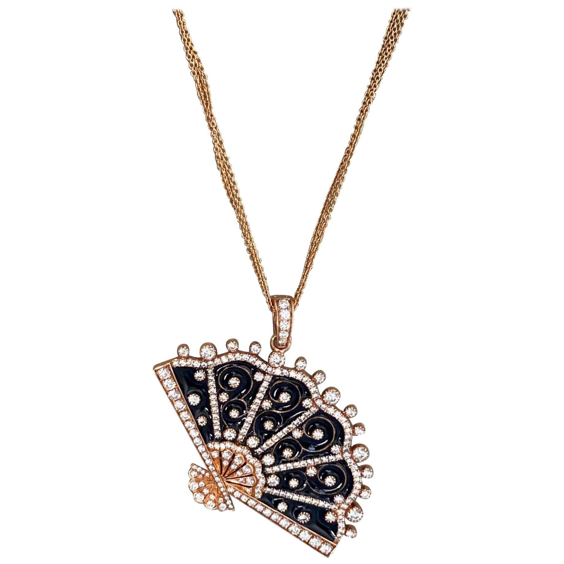 Rose Gold, Diamond and Enamel Fan Pendant Necklace For Sale at 1stDibs