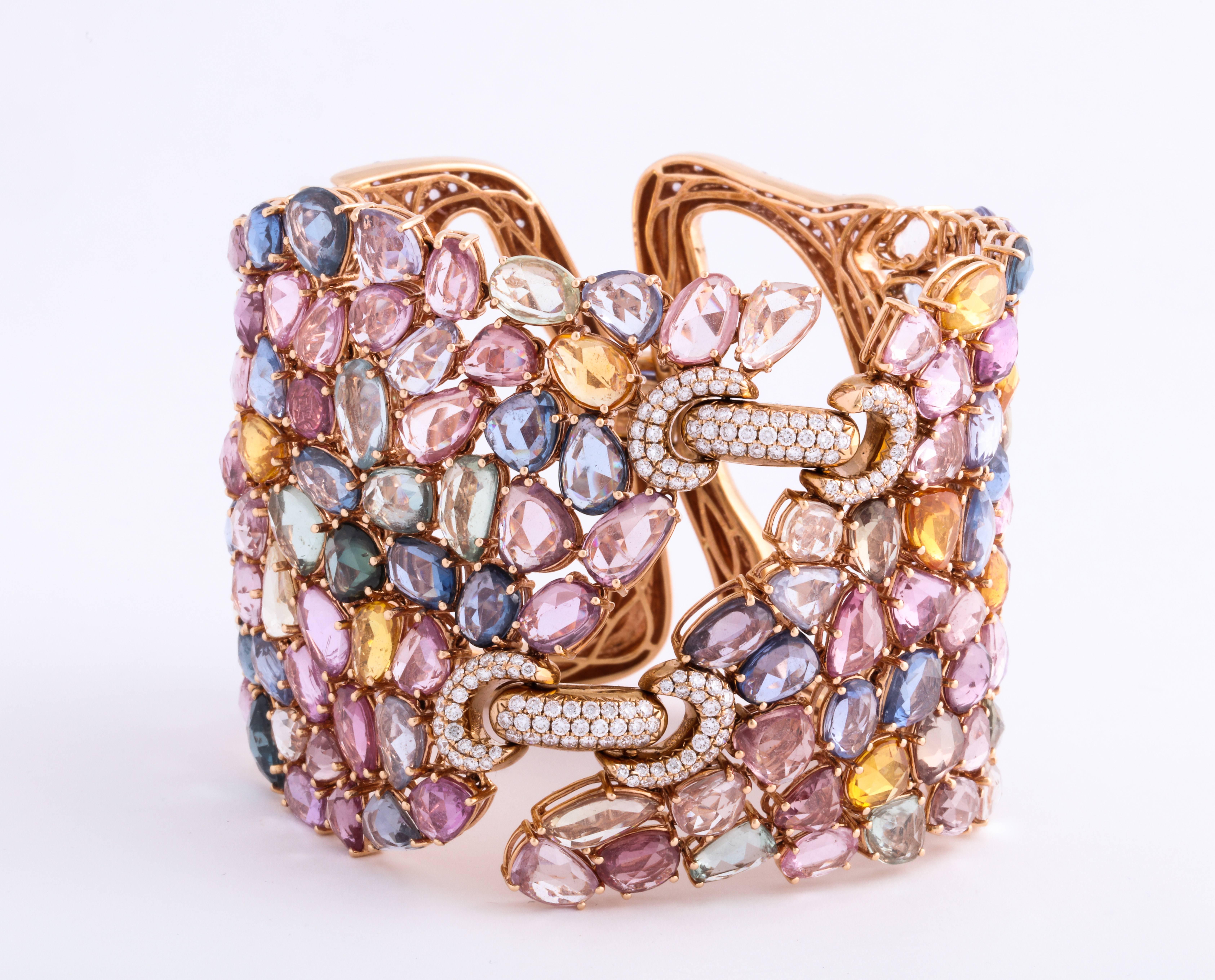 Women's or Men's Rose Gold Diamond and Sapphire Strap Bracelet For Sale