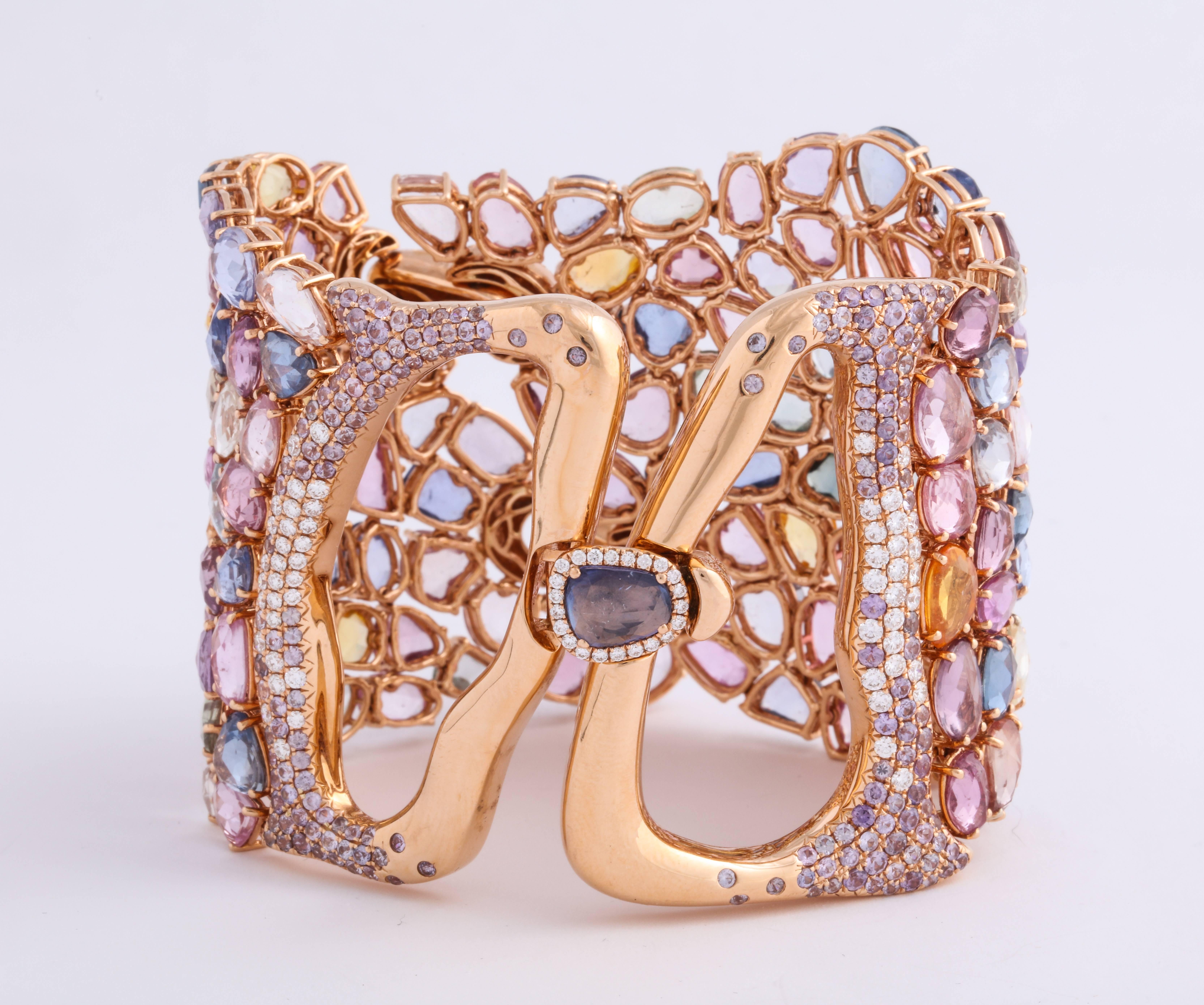 Rose Gold Diamond and Sapphire Strap Bracelet For Sale 1