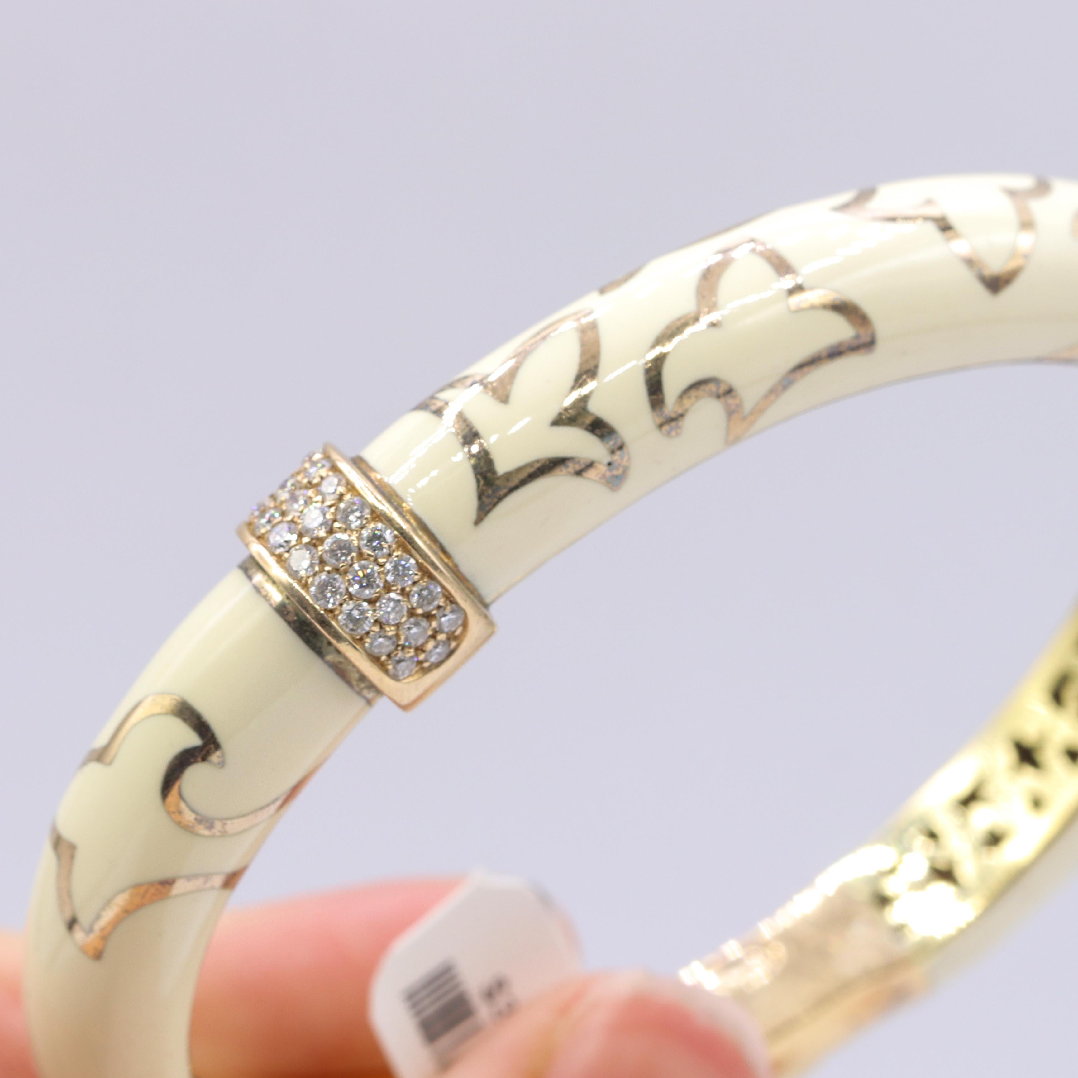 Round Cut Rose Gold Diamond and White Enamel Bangle For Sale