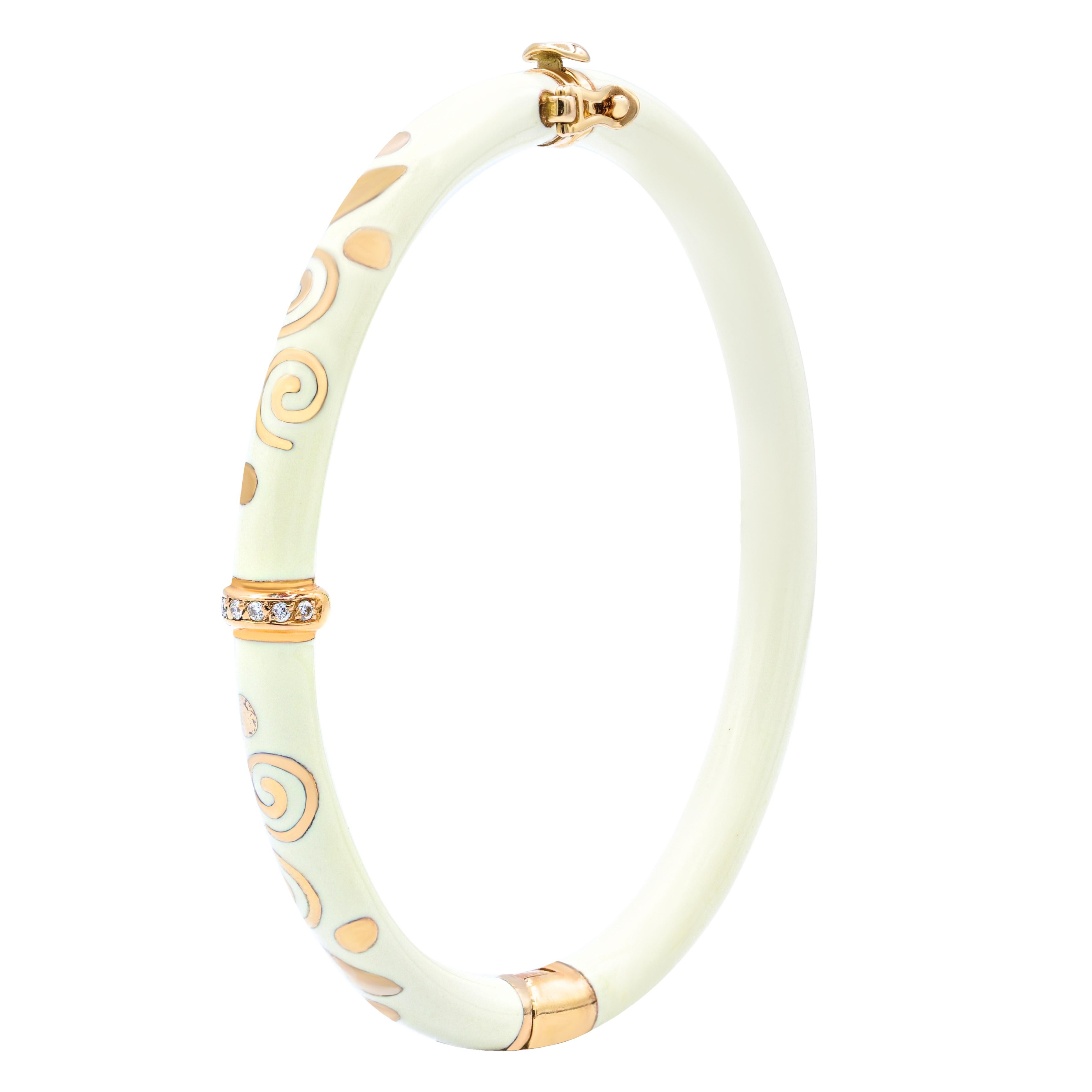 bracelet pour femme en or rose 18 carats, diamant et émail blanc, avec 0,30 carat de diamants