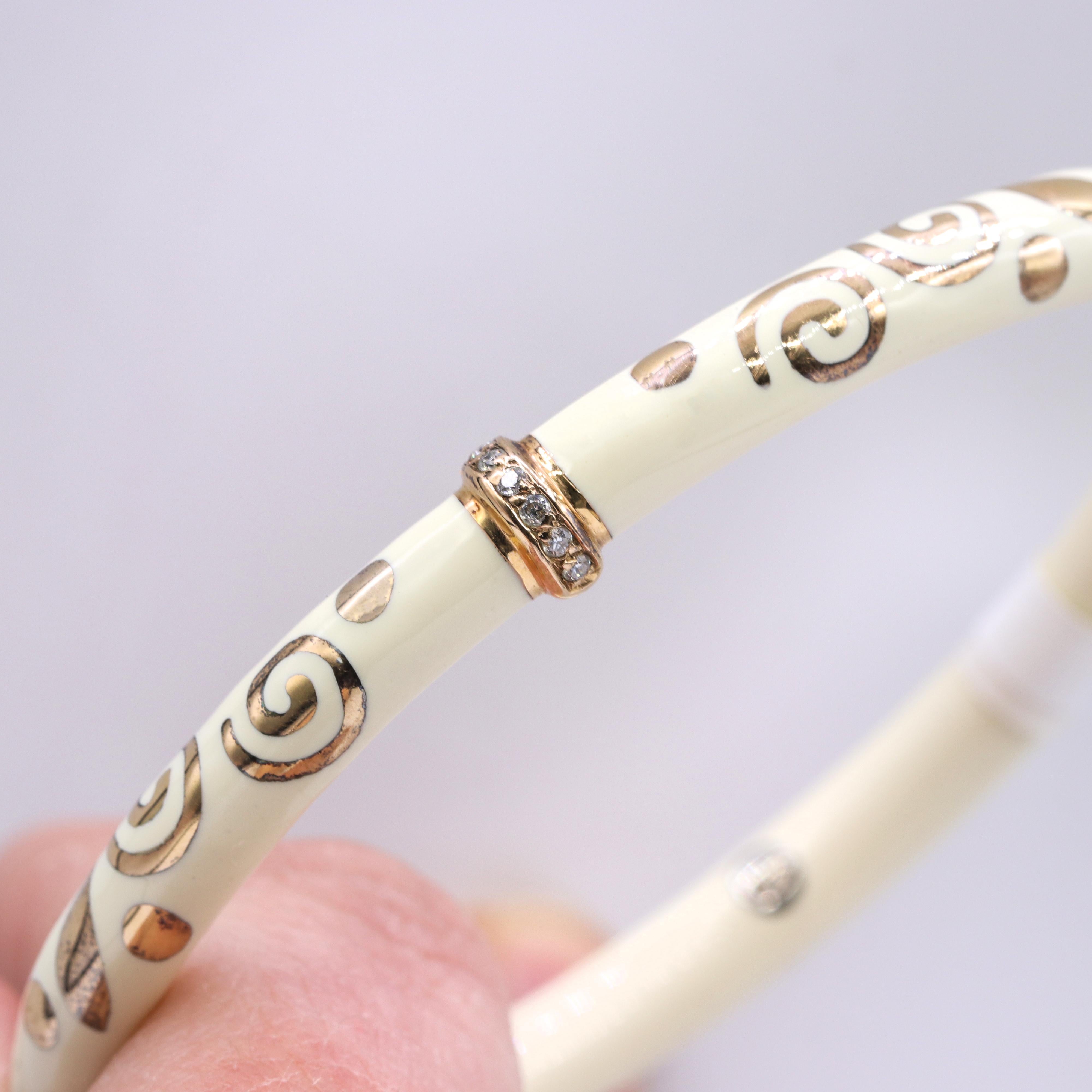 Round Cut Rose Gold Diamond and White Enamel Women's Bangle For Sale