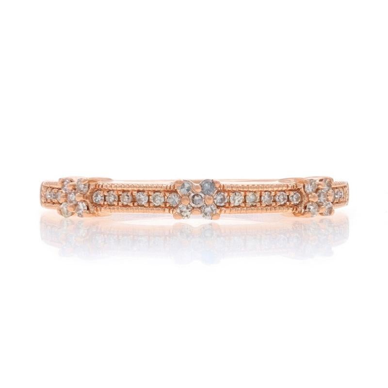 Size: 8
Sizing Fee: Up 2 sizes for $35 or Down 1/2 a size for $25

Metal Content: 10k Rose Gold

Stone Information

Natural Diamonds
Carat(s): .12ctw
Cut: Single
Color: J - K
Clarity: SI1 - SI2

Total Carats: 0.12ctw

Style: Band
Features: Milgrain