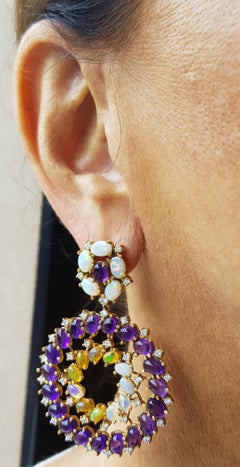 Rose Gold Diamond Cabochon Amethyst and Opal Earrings