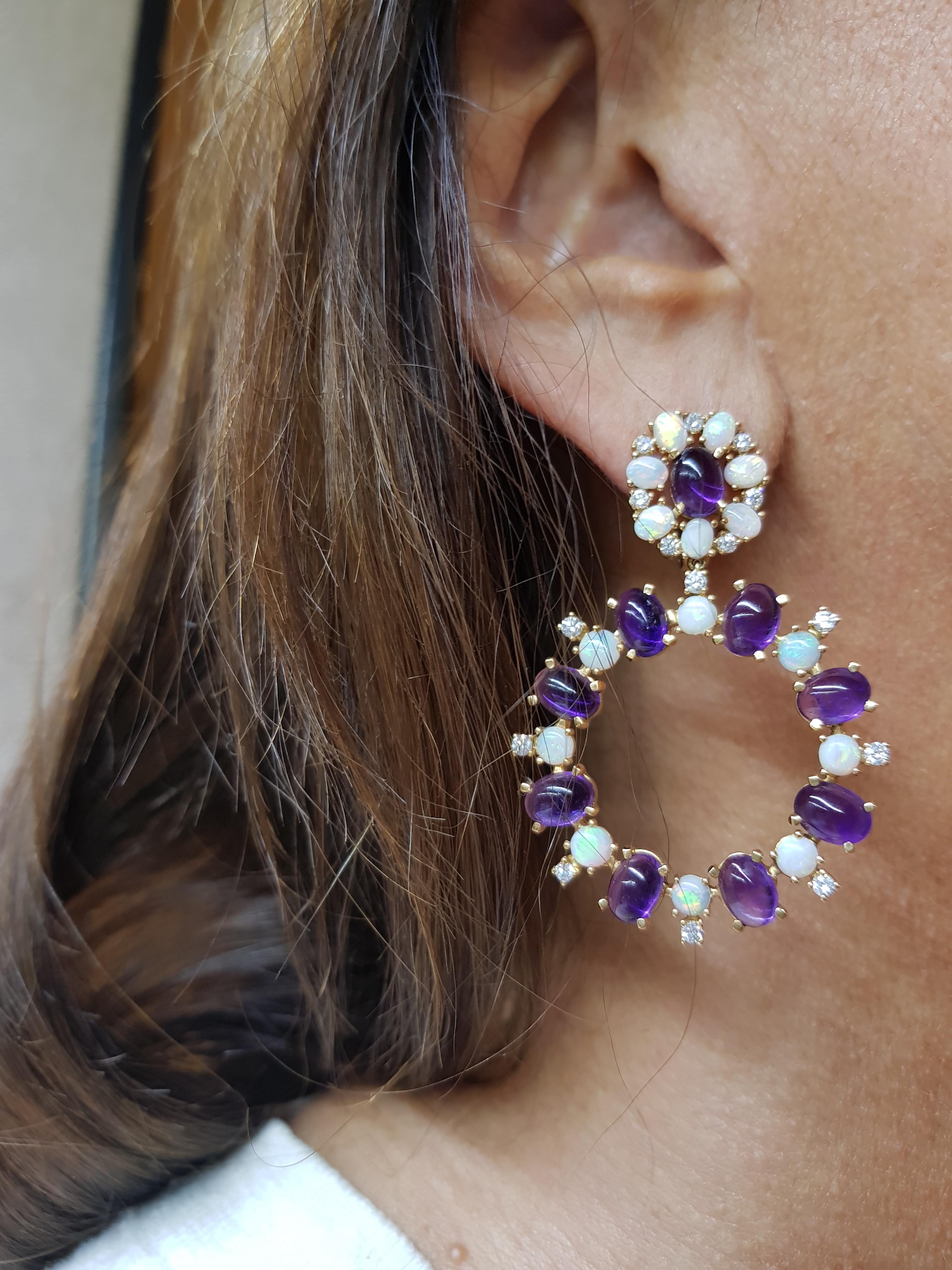 Contemporary Rose Gold Diamond Cabochon Amethyst and Opal Earrings For Sale