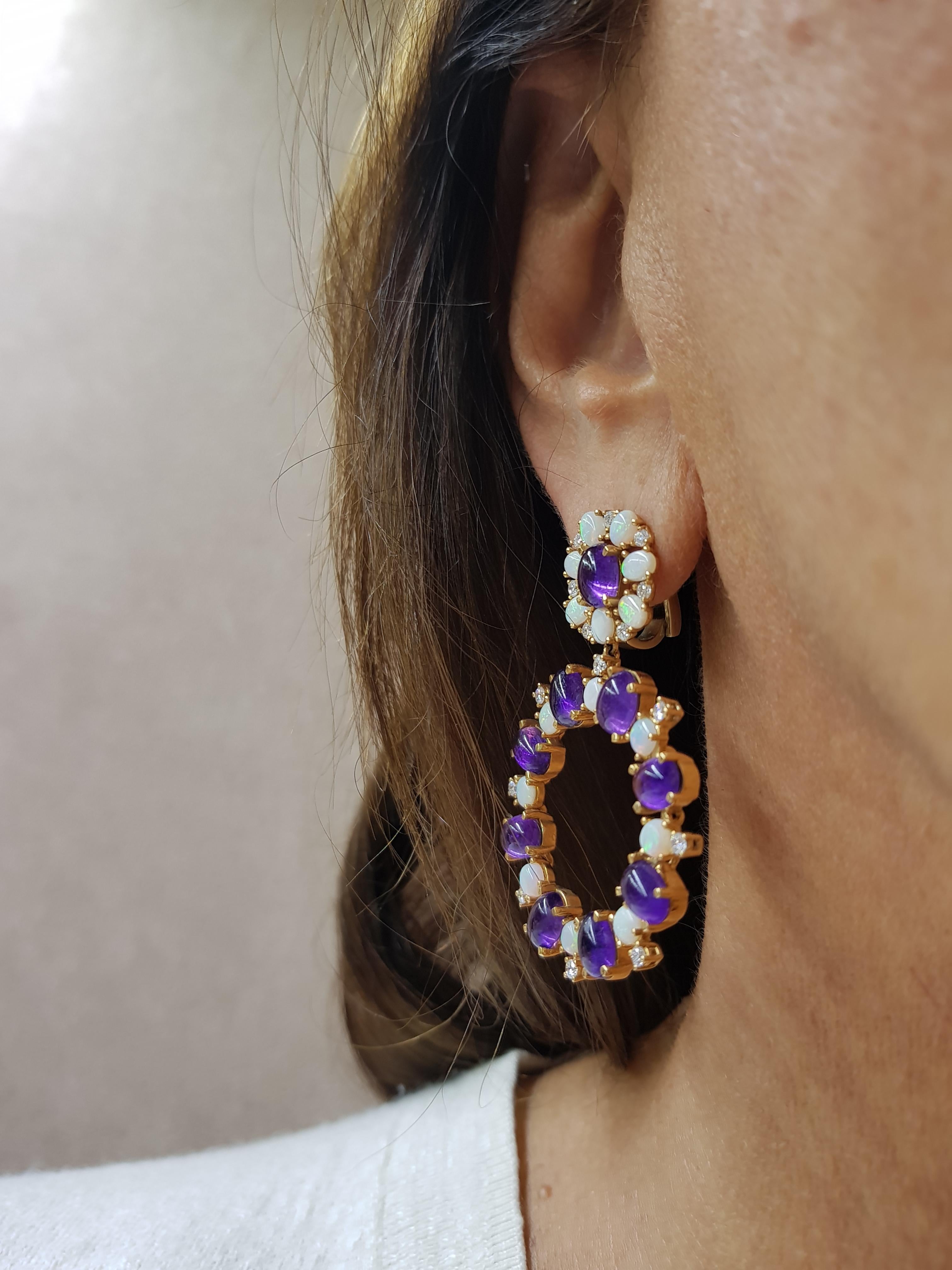Round Cut Rose Gold Diamond Cabochon Amethyst and Opal Earrings For Sale