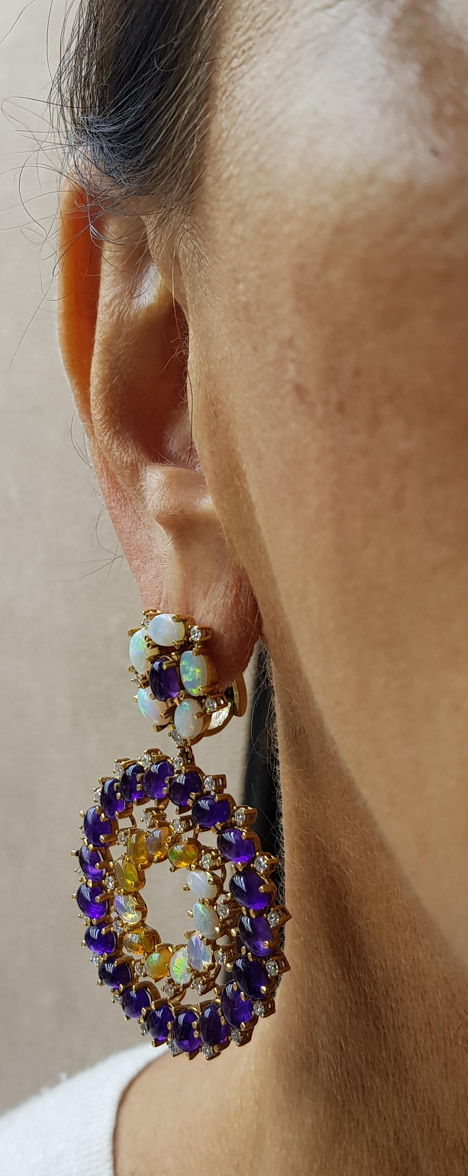 Round Cut Rose Gold Diamond Cabochon Amethyst and Opal Earrings For Sale