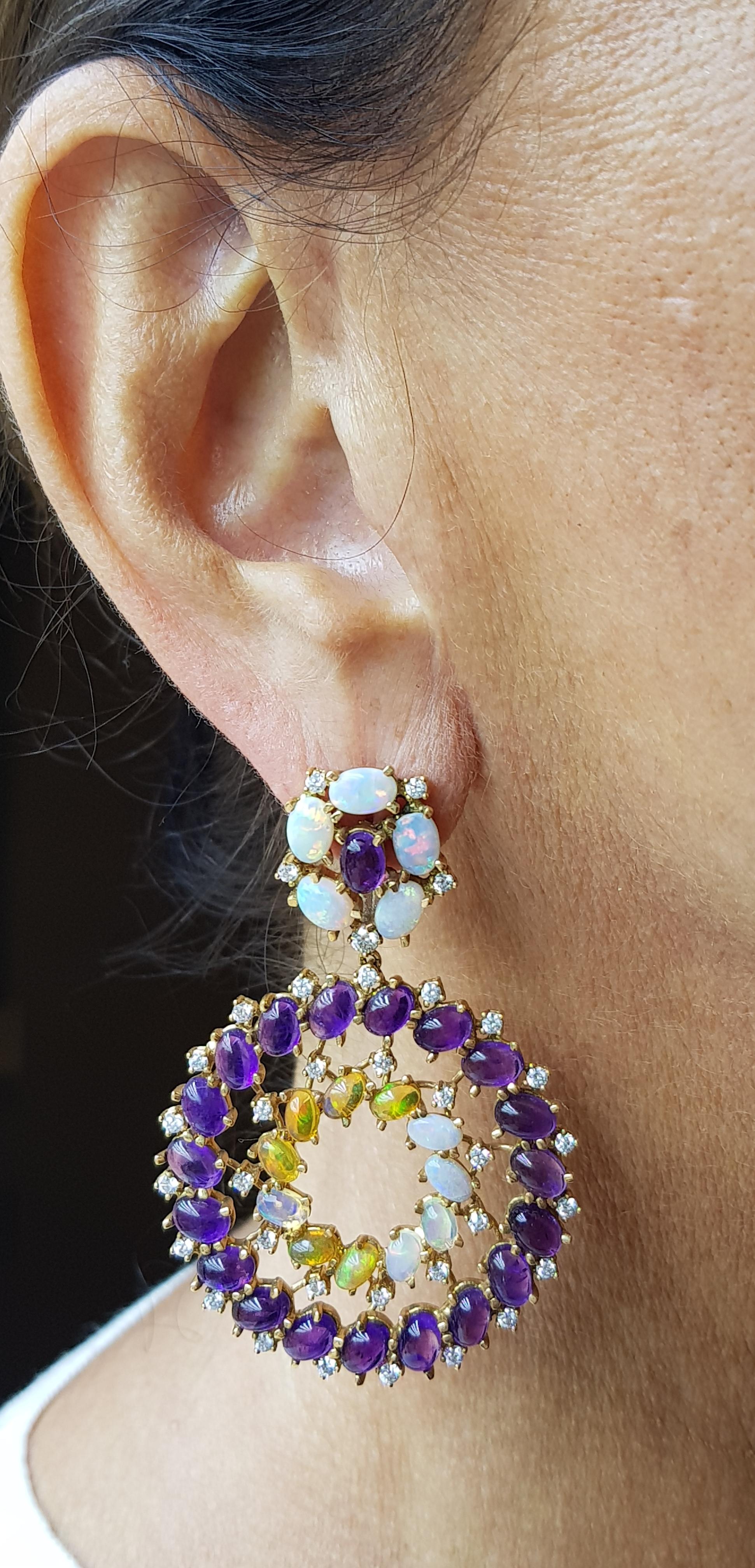 Rose Gold Diamond Cabochon Amethyst and Opal Earrings In New Condition For Sale In Findikli, Beyoglu