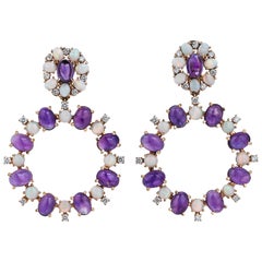 Rose Gold Diamond Cabochon Amethyst and Opal Earrings